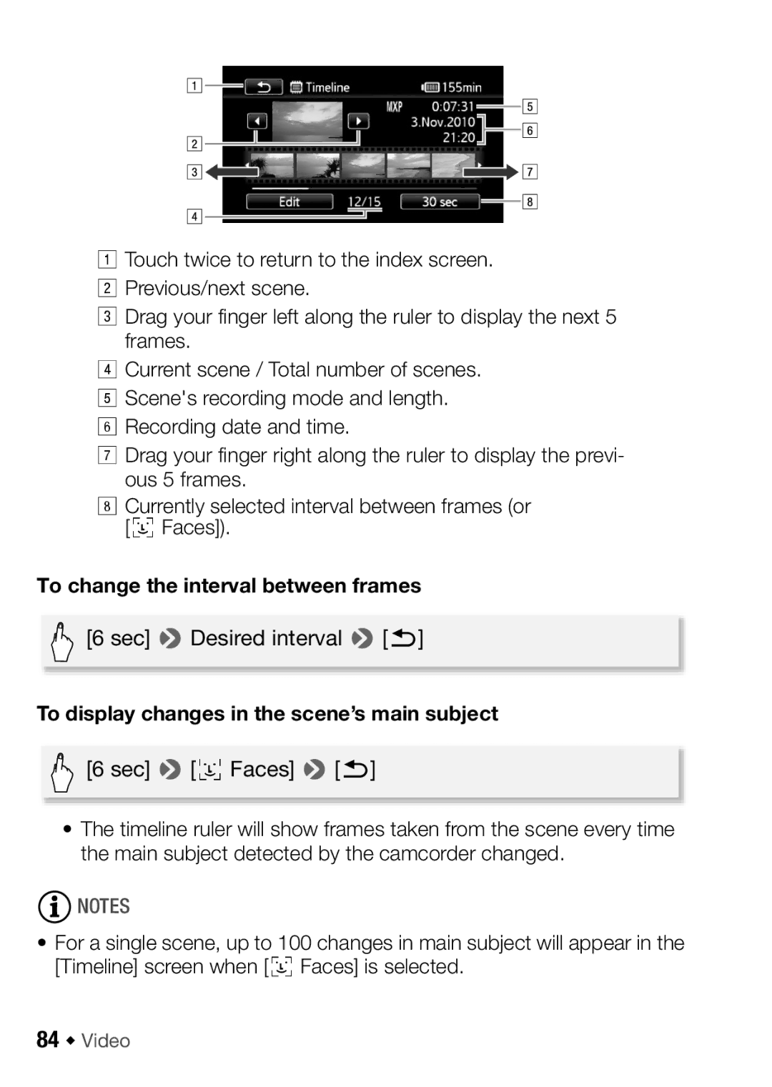 Canon HFM32, HF M31 To change the interval between frames, To display changes in the scene’s main subject, 84 Š Video 