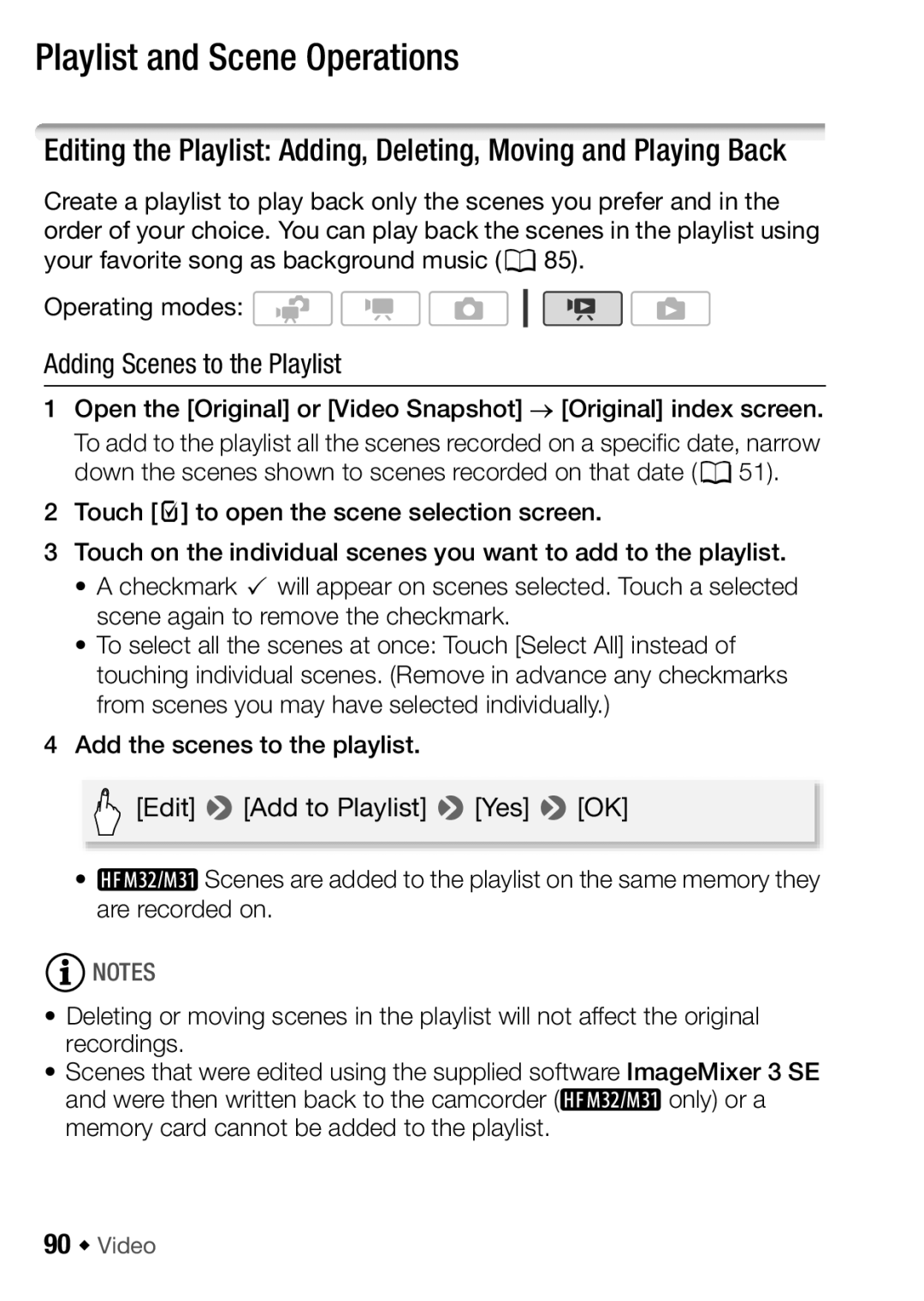 Canon HFM32, HF M31, HF M300 instruction manual Playlist and Scene Operations, Adding Scenes to the Playlist, 90 Š Video 