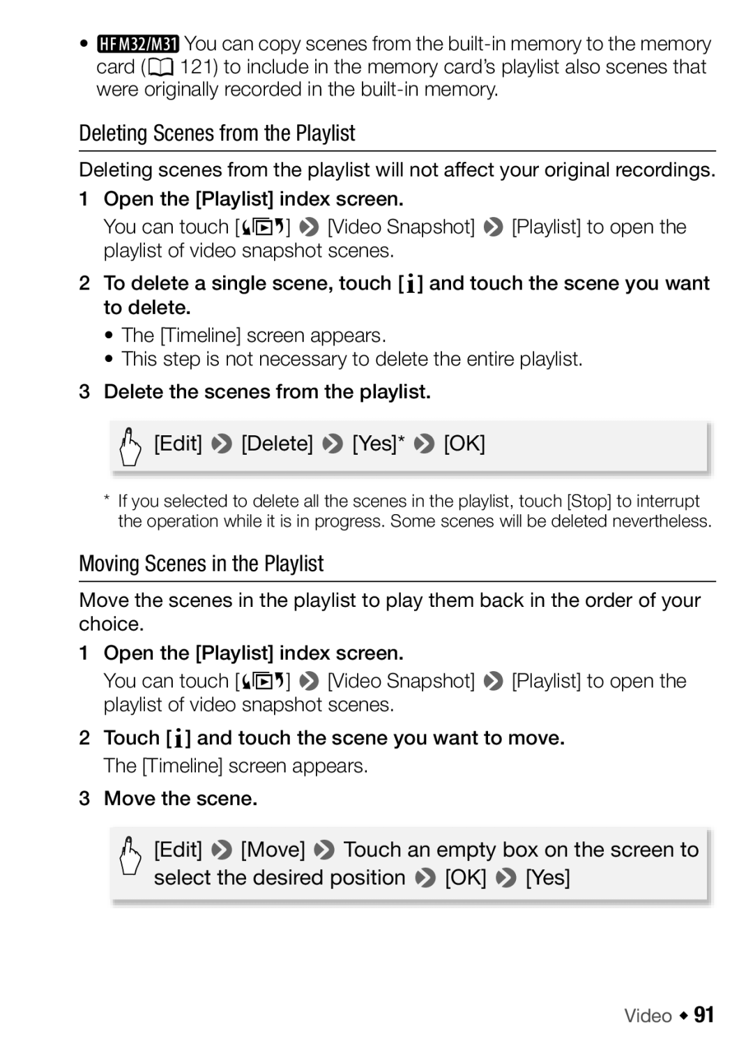 Canon HF M31, HFM32, HF M300 instruction manual Deleting Scenes from the Playlist, Moving Scenes in the Playlist 