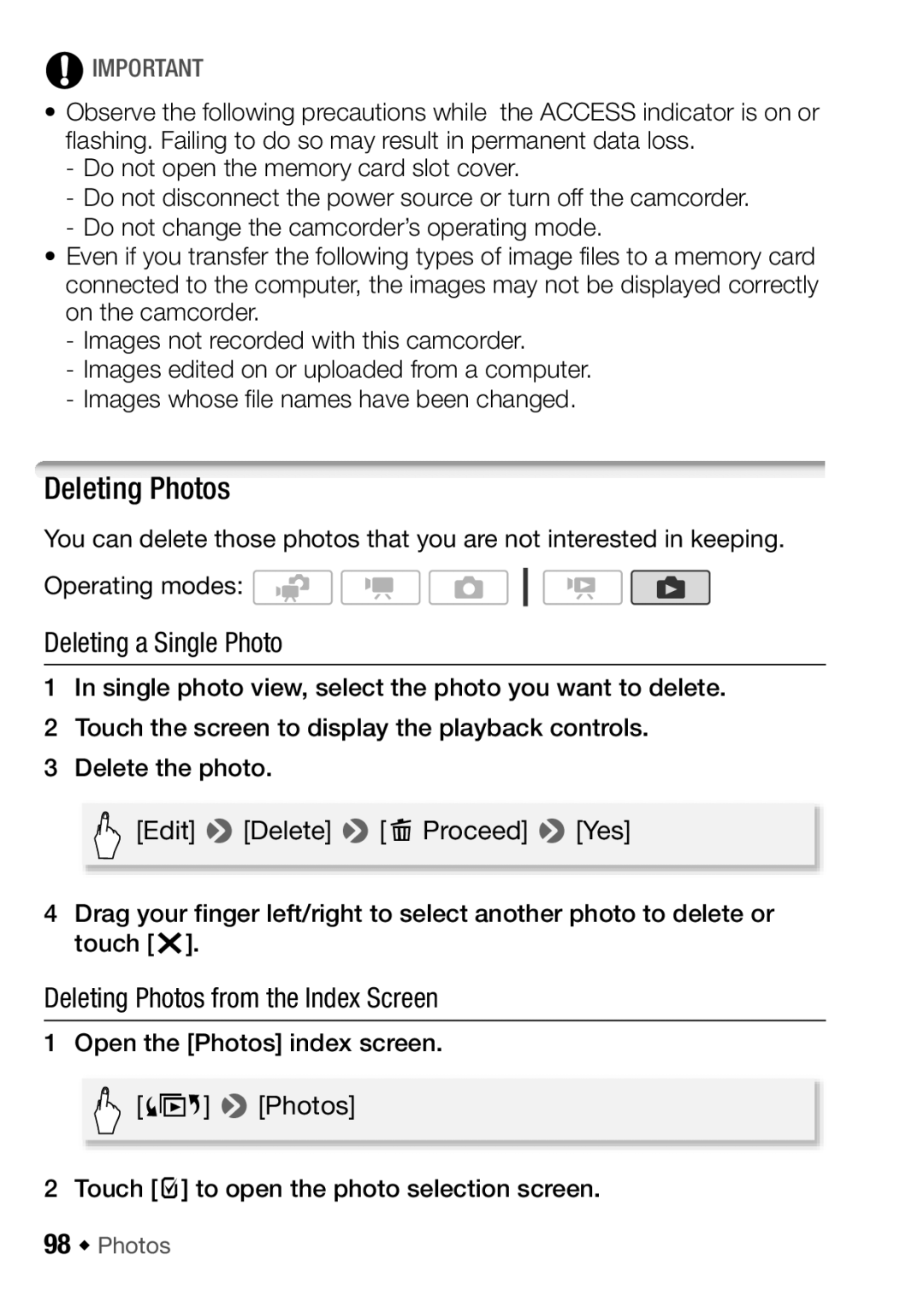 Canon HF M300, HFM32, HF M31 Deleting a Single Photo, Deleting Photos from the Index Screen, 98 Š Photos 