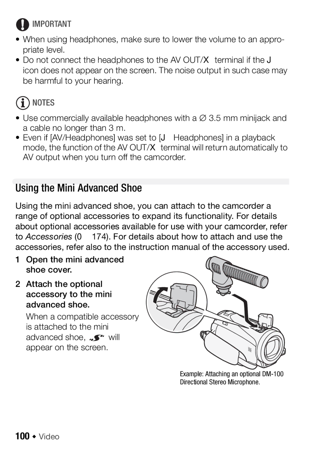 Canon HFM406, HFM46 Using the Mini Advanced Shoe, When a compatible accessory is attached to the mini, 100 Š Video 