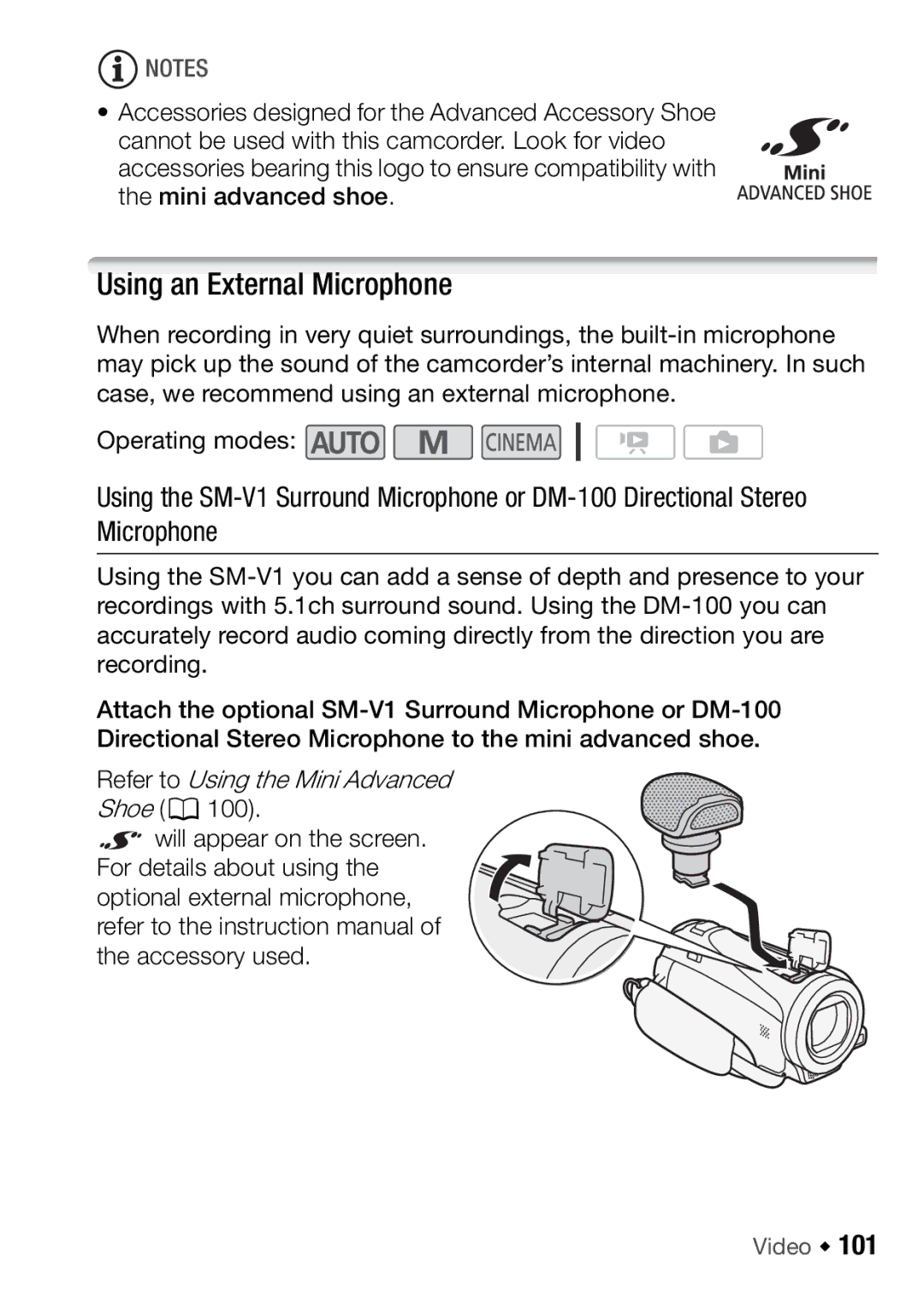 Canon HFM46, HFM406 instruction manual Using an External Microphone, Refer to Using the Mini Advanced 