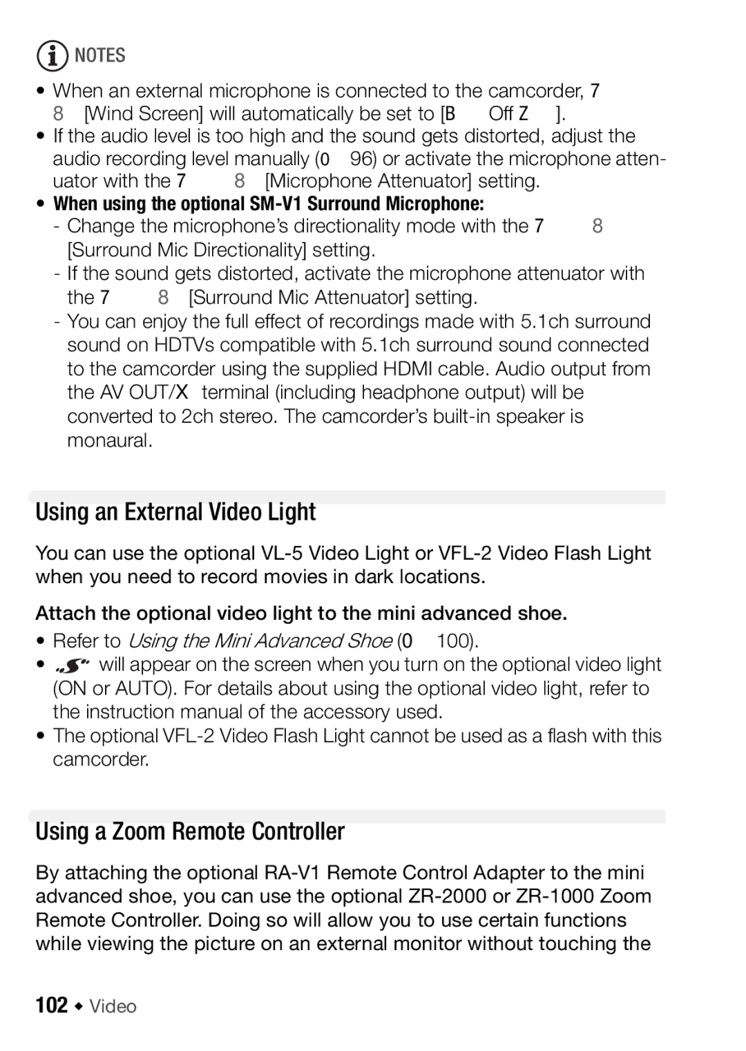 Canon HFM406, HFM46 instruction manual Using an External Video Light, Using a Zoom Remote Controller, 102 Š Video 