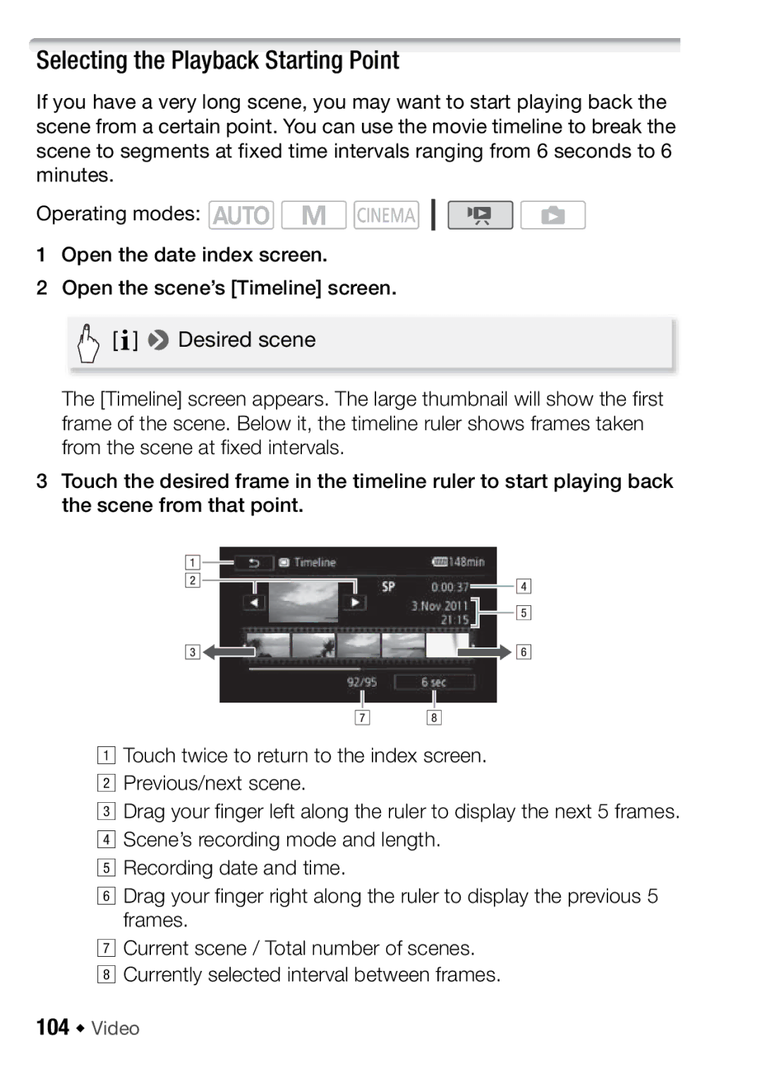 Canon HFM406, HFM46 instruction manual Selecting the Playback Starting Point, 104 Š Video 