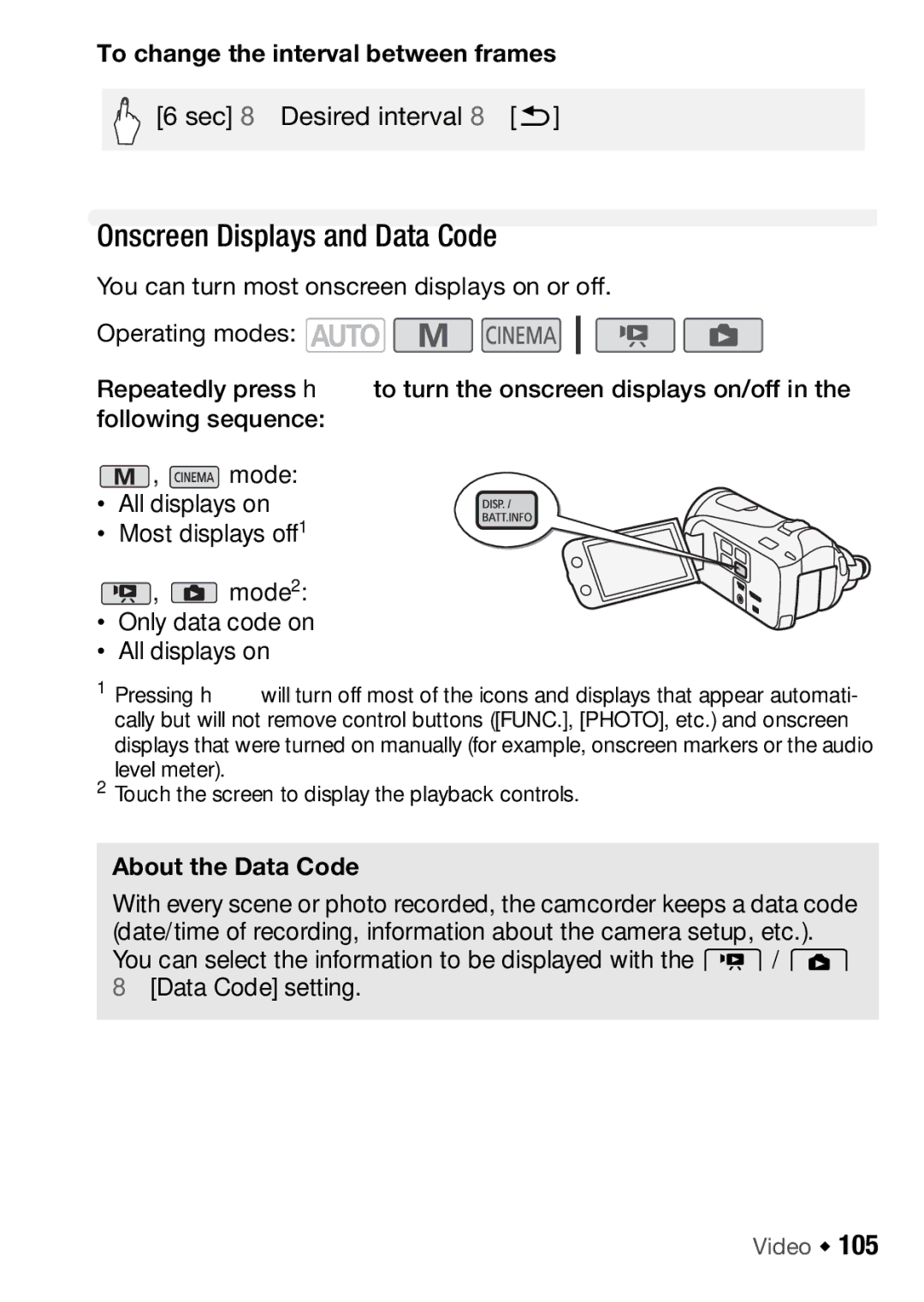 Canon HFM46, HFM406 Onscreen Displays and Data Code, To change the interval between frames, About the Data Code 