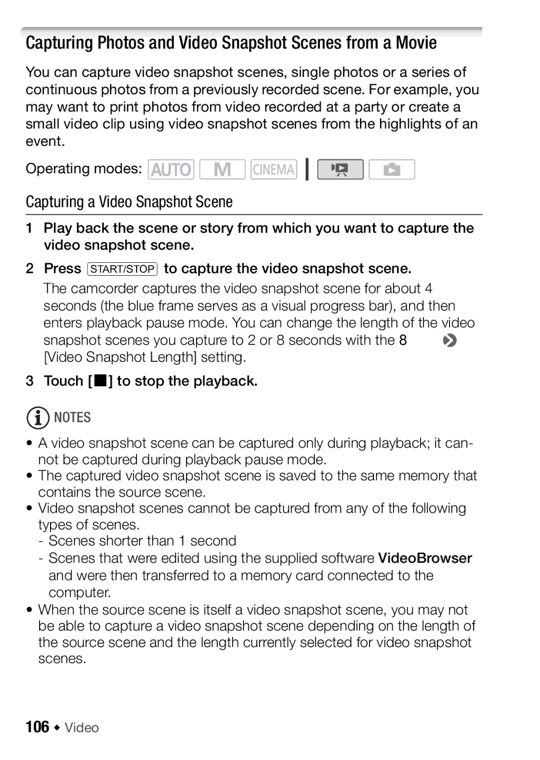Canon HFM406, HFM46 Capturing Photos and Video Snapshot Scenes from a Movie, Capturing a Video Snapshot Scene, 106 Š Video 
