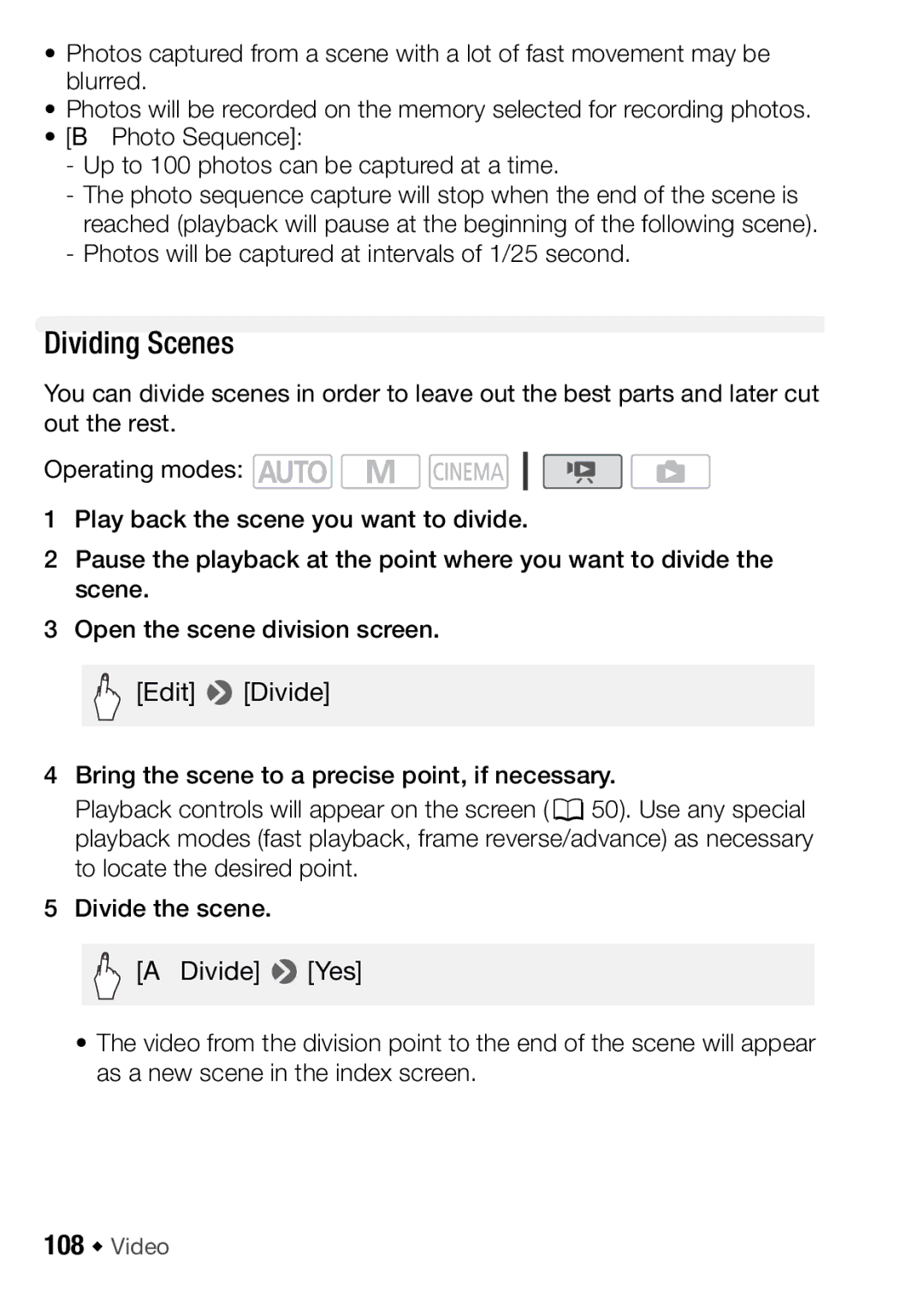 Canon HFM406, HFM46 instruction manual Dividing Scenes, 108 Š Video 