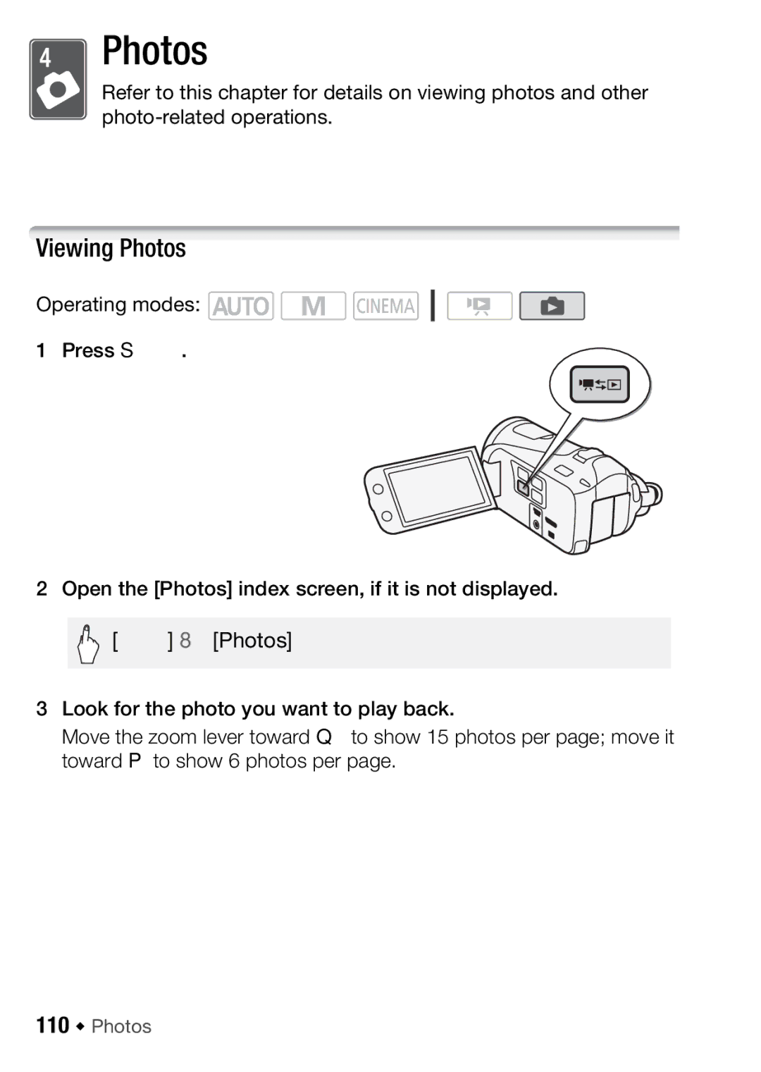 Canon HFM406, HFM46 instruction manual Viewing Photos, 110 Š Photos 