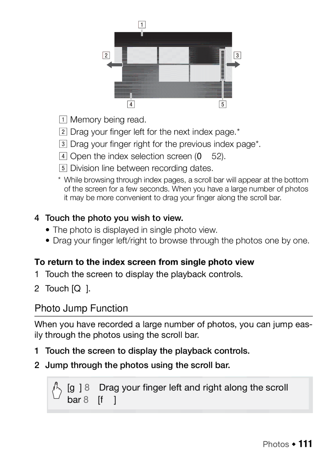 Canon HFM46, HFM406 instruction manual Photo Jump Function, To return to the index screen from single photo view, Photos Š 