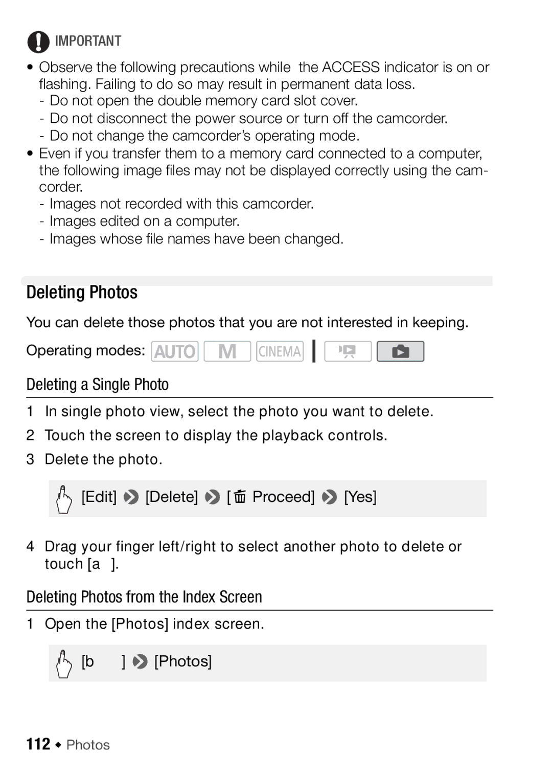 Canon HFM406, HFM46 instruction manual Deleting a Single Photo, Deleting Photos from the Index Screen, 112 Š Photos 