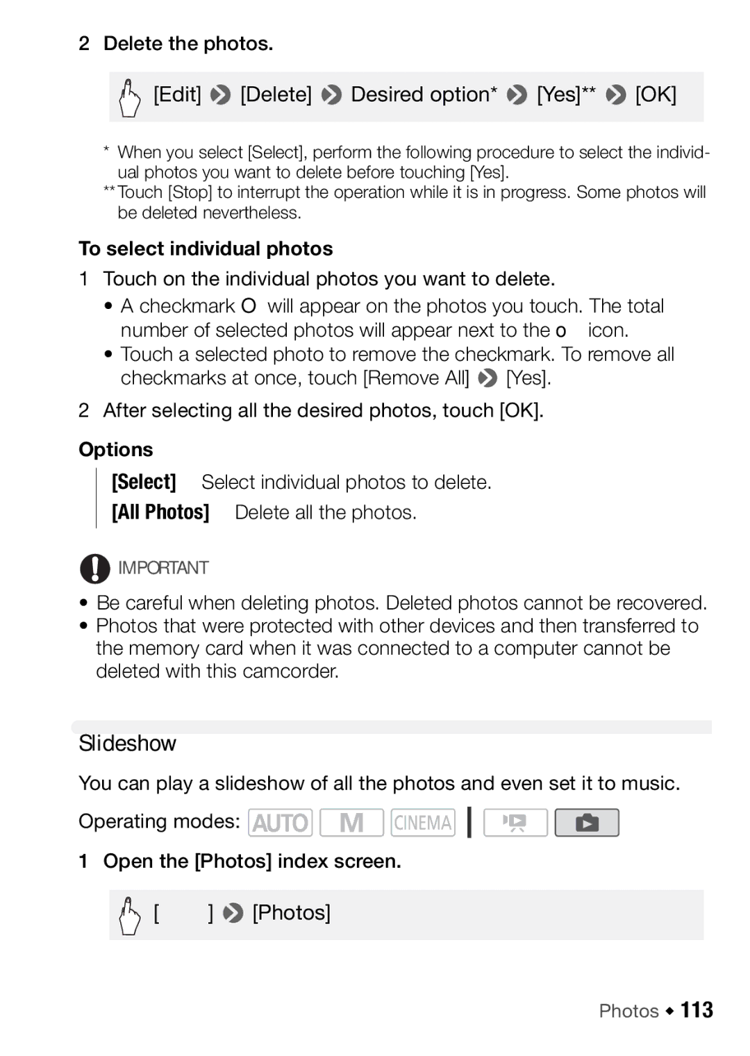 Canon HFM46, HFM406 instruction manual Slideshow, To select individual photos 