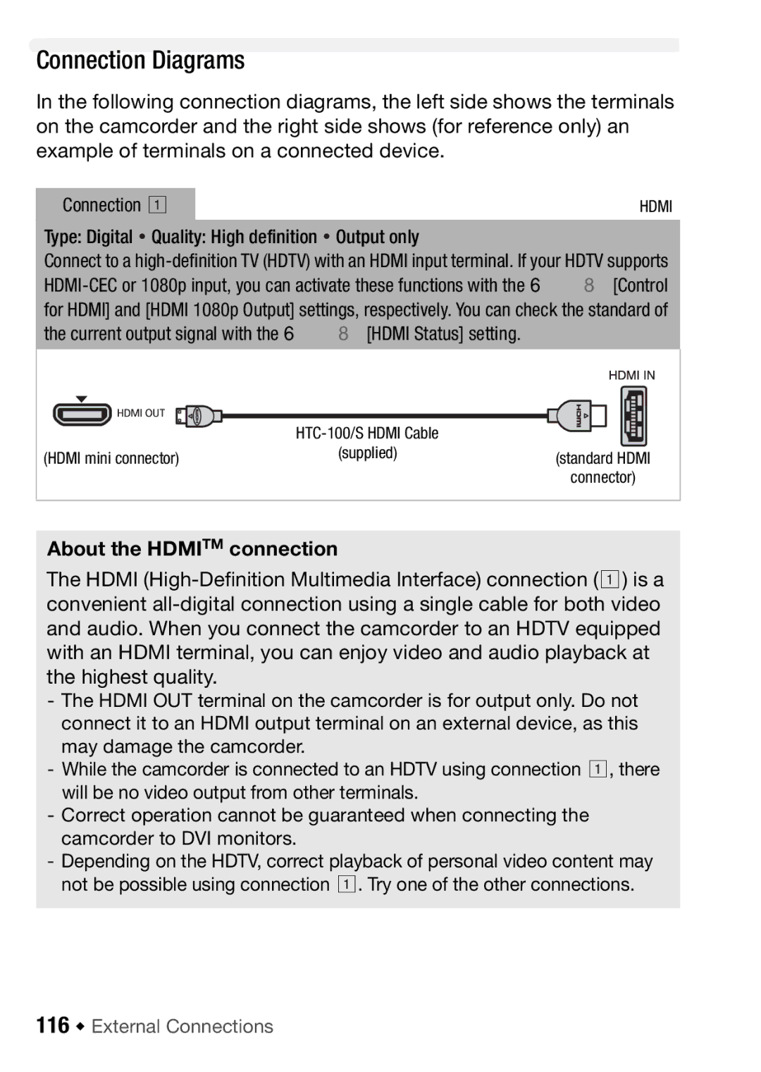 Canon HFM406, HFM46 Connection Diagrams, About the Hdmitm connection, Connection a, 116 Š External Connections 