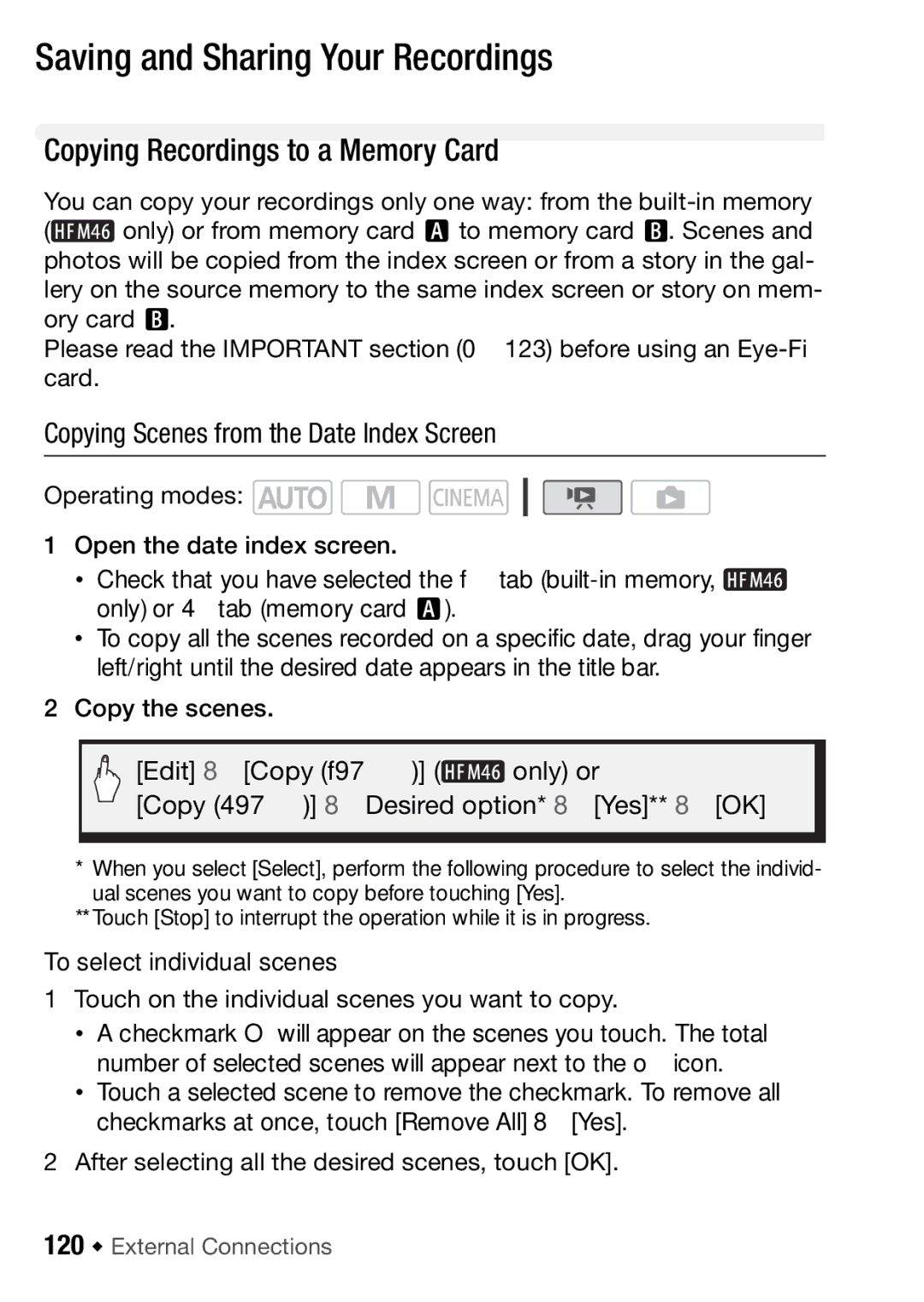 Canon HFM406, HFM46 Saving and Sharing Your Recordings, Copying Recordings to a Memory Card, 120 Š External Connections 