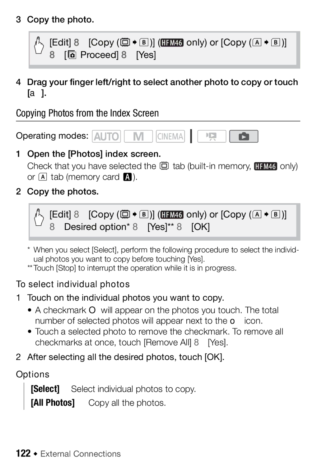 Canon HFM406, HFM46 instruction manual Copying Photos from the Index Screen, 122 Š External Connections 