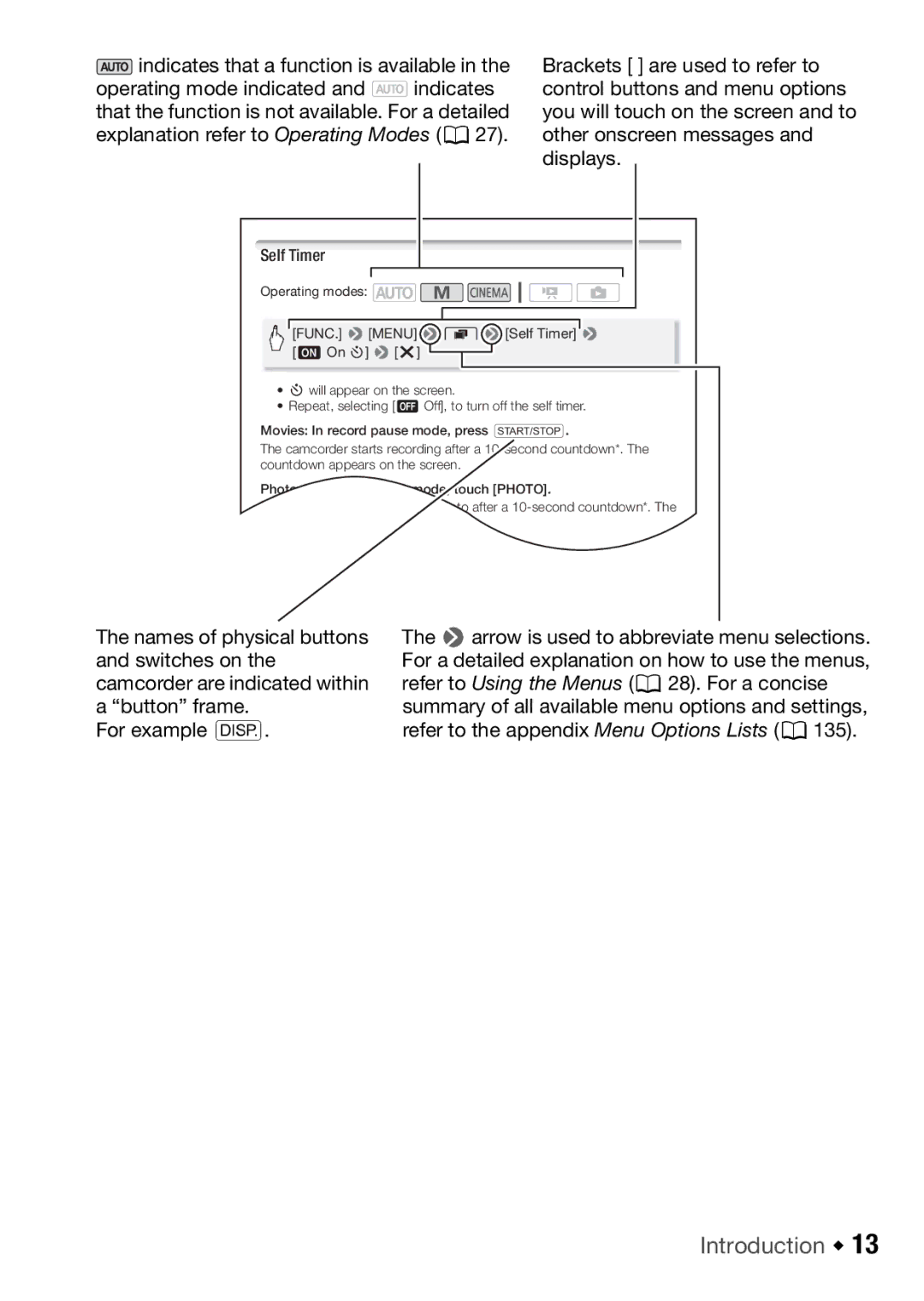 Canon HFM46, HFM406 instruction manual Introduction Š, Brackets are used to refer to, Operating mode indicated Indicates 