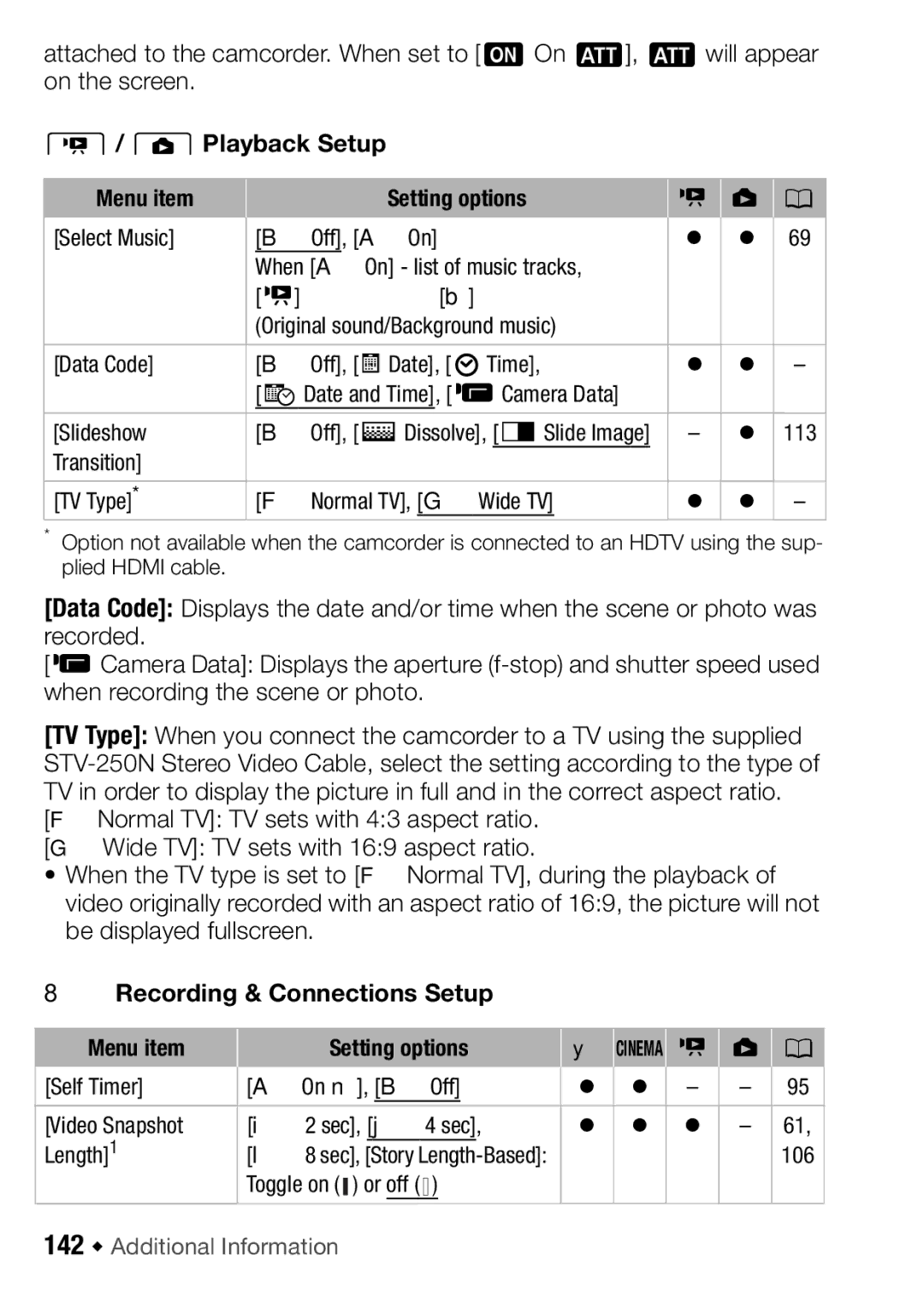 Canon HFM406, HFM46 ZPlayback Setup, 8Recording & Connections Setup, Transition TV Type FNormal TV, GWide TV, Or off 