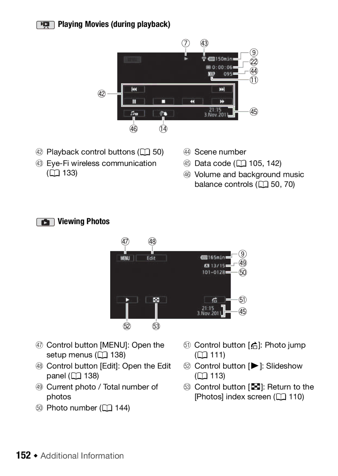 Canon HFM406, HFM46 instruction manual Playing Movies during playback, 152 Š Additional Information 