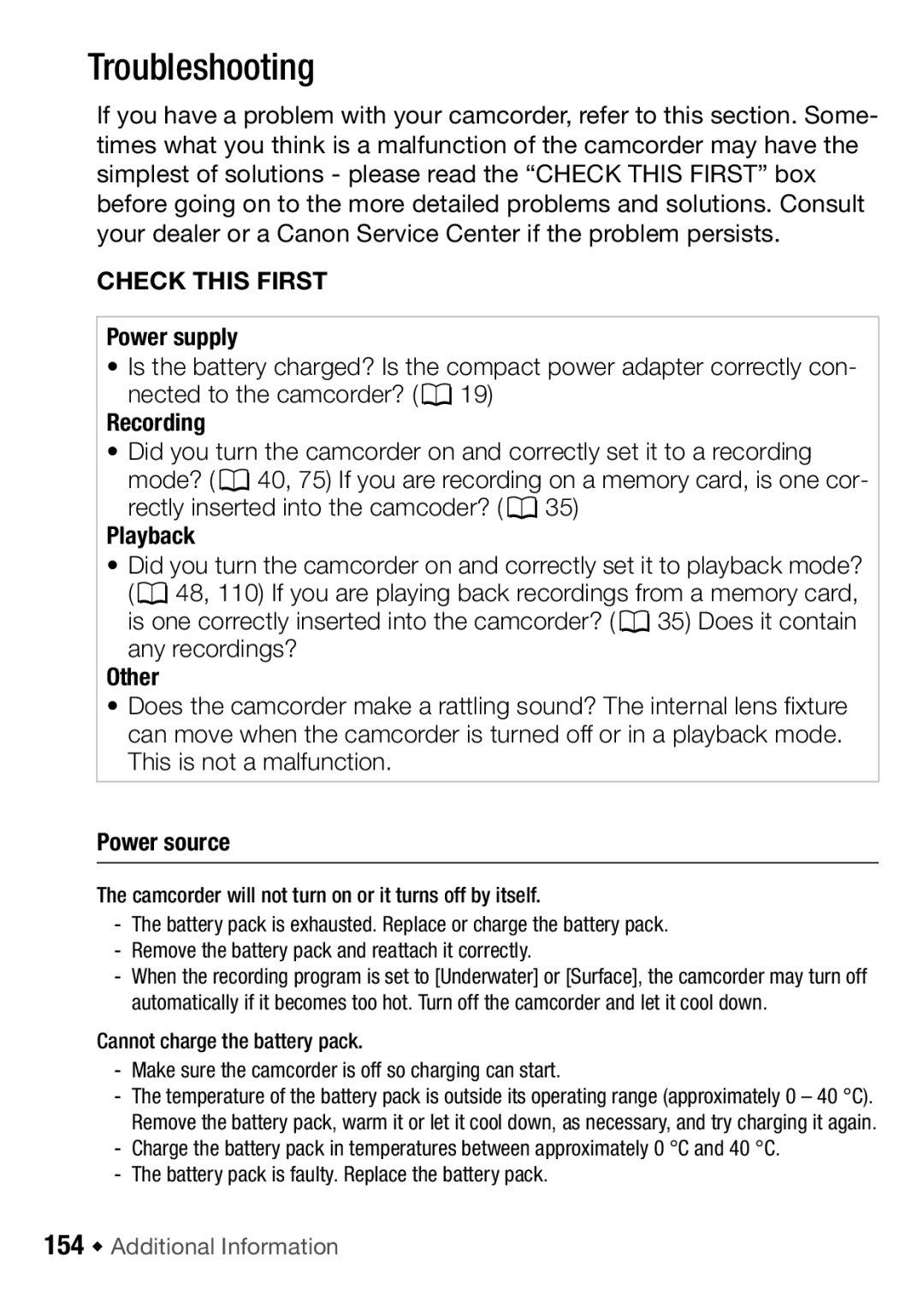 Canon HFM406, HFM46 instruction manual Troubleshooting, Power supply, Playback, Other, Power source 