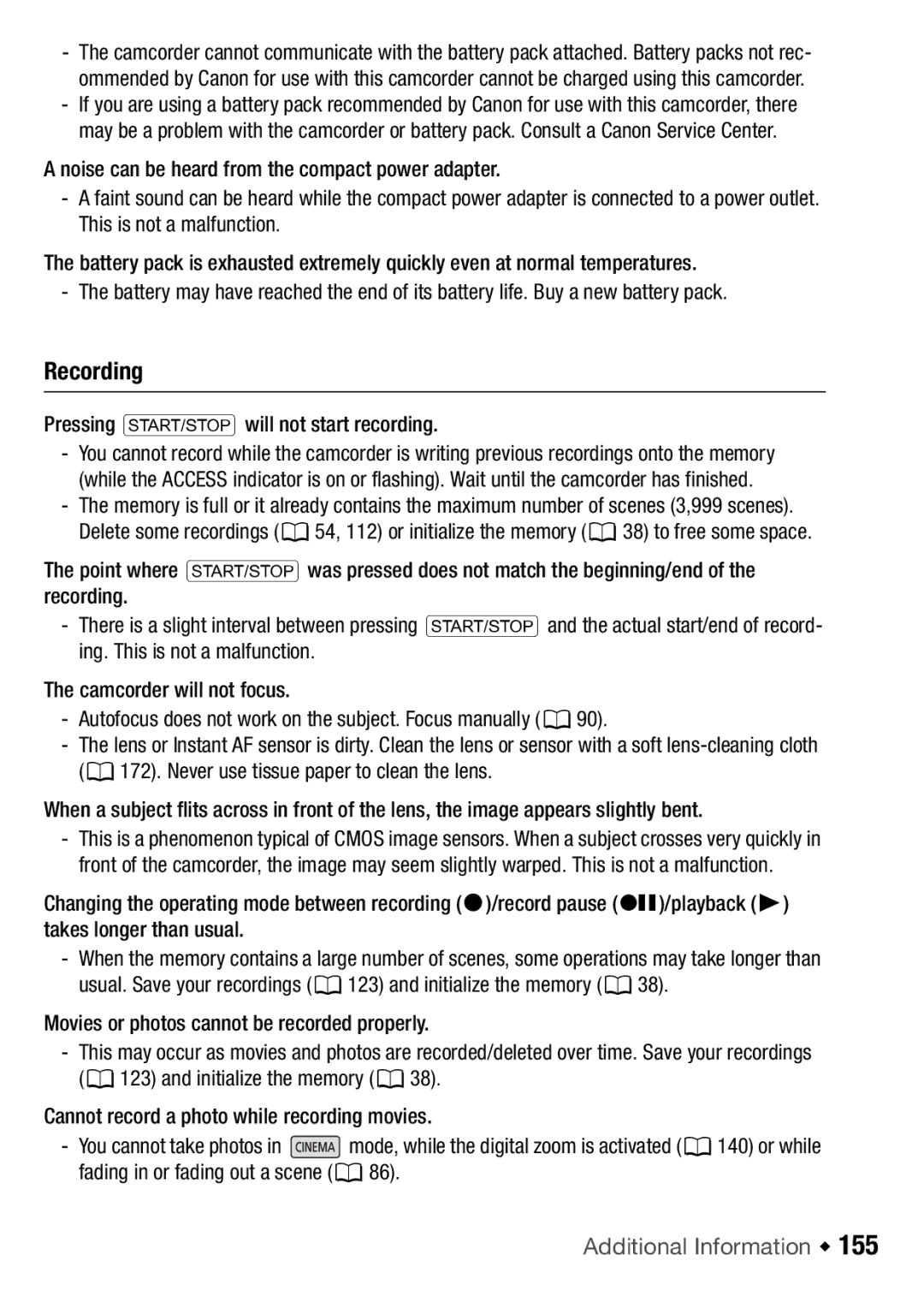 Canon HFM46, HFM406 instruction manual Pressing gwill not start recording 