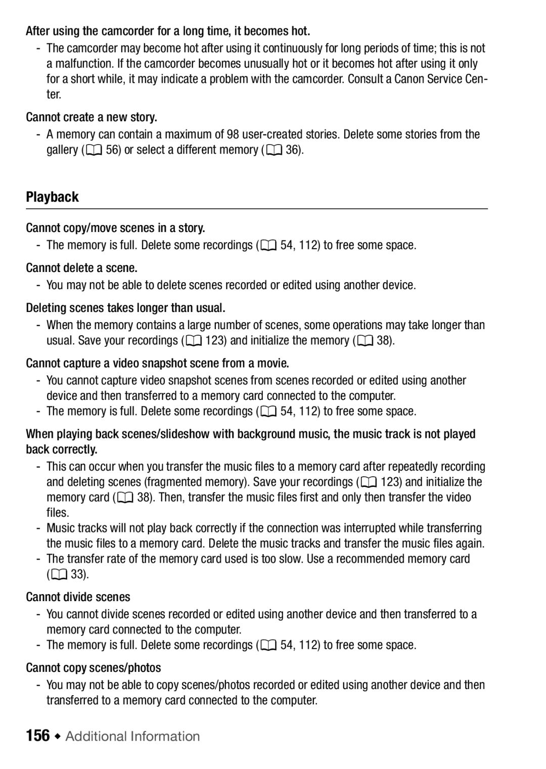 Canon HFM406, HFM46 instruction manual 156 Š Additional Information, Cannot capture a video snapshot scene from a movie 