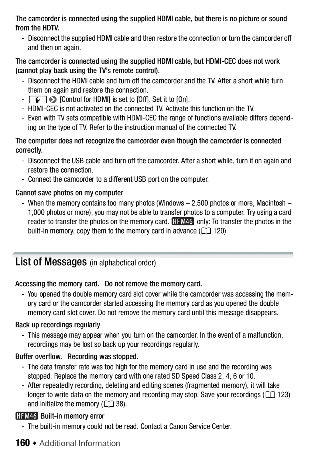 Canon HFM406, HFM46 instruction manual List of Messages in alphabetical order, 160 Š Additional Information 