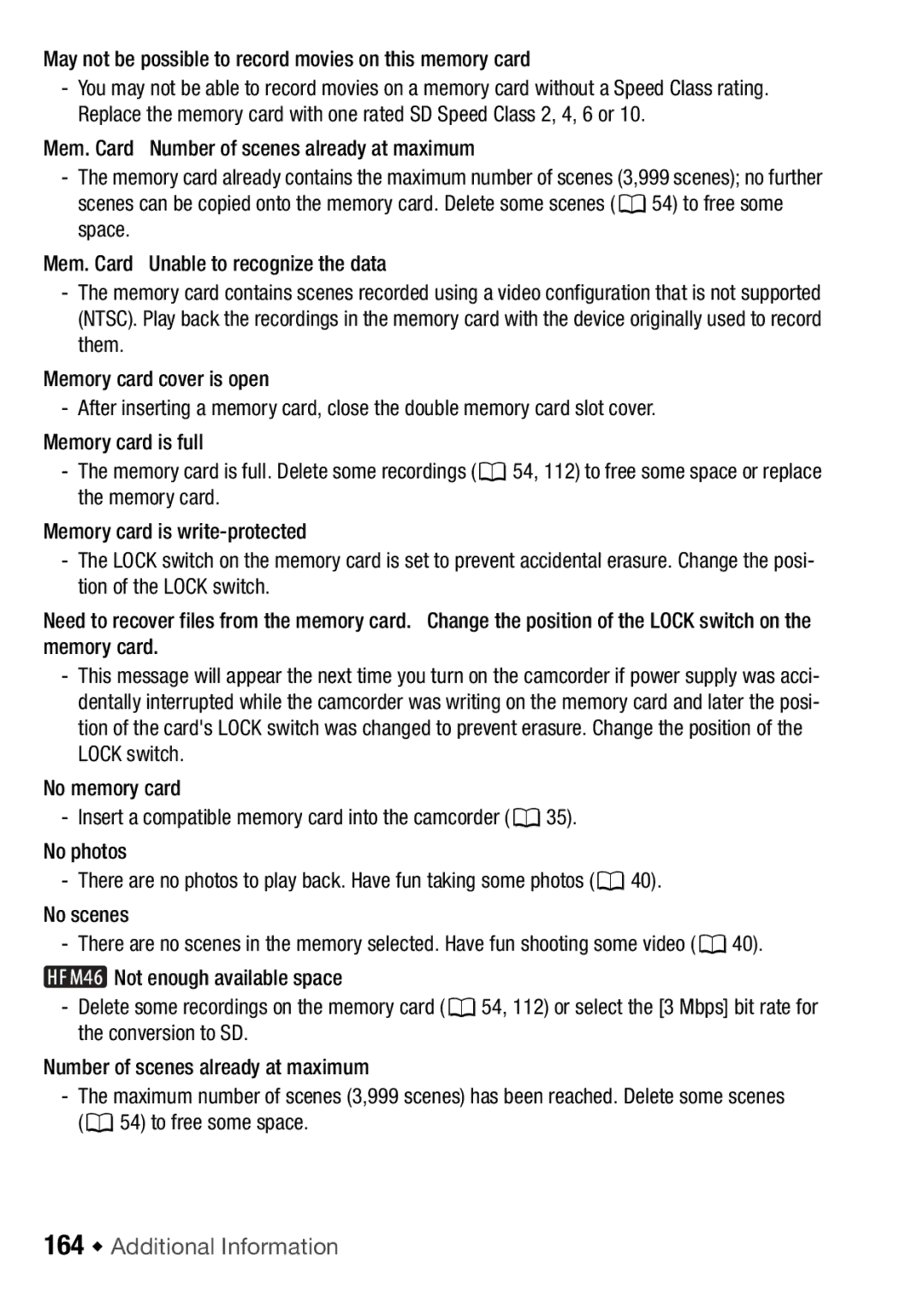 Canon HFM406, HFM46 164 Š Additional Information, May not be possible to record movies on this memory card 