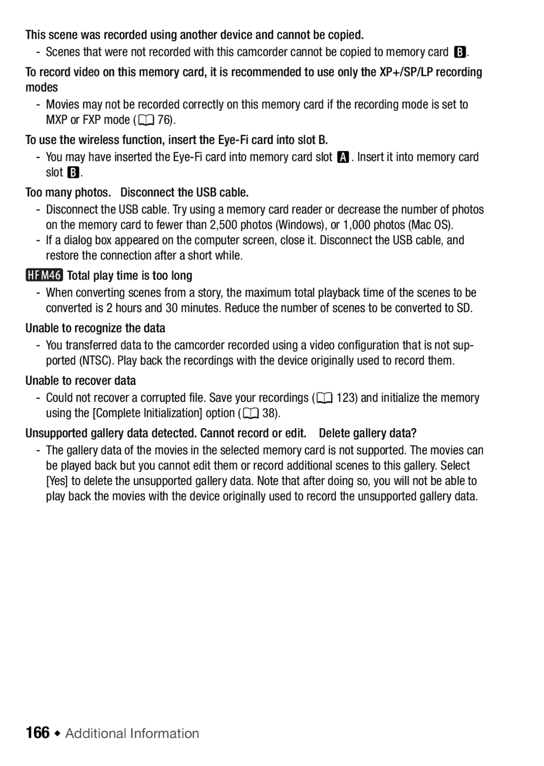 Canon HFM406, HFM46 instruction manual 166 Š Additional Information, Unable to recognize the data 