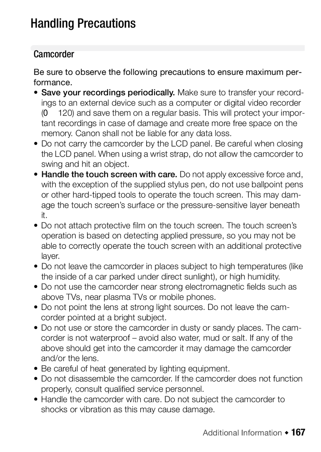 Canon HFM46, HFM406 instruction manual Handling Precautions, Camcorder 