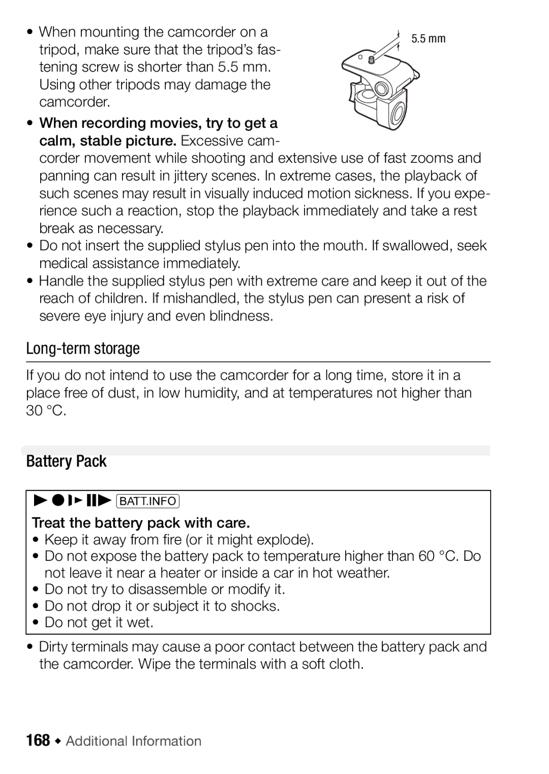 Canon HFM406, HFM46 instruction manual Long-term storage, Battery Pack, 168 Š Additional Information 