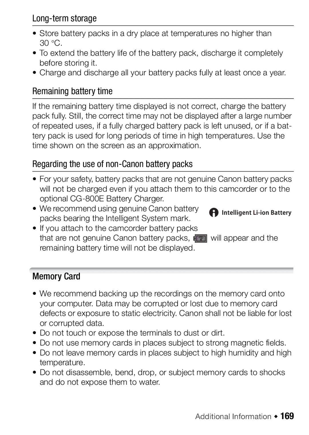 Canon HFM46, HFM406 instruction manual Remaining battery time, Regarding the use of non-Canon battery packs, Memory Card 