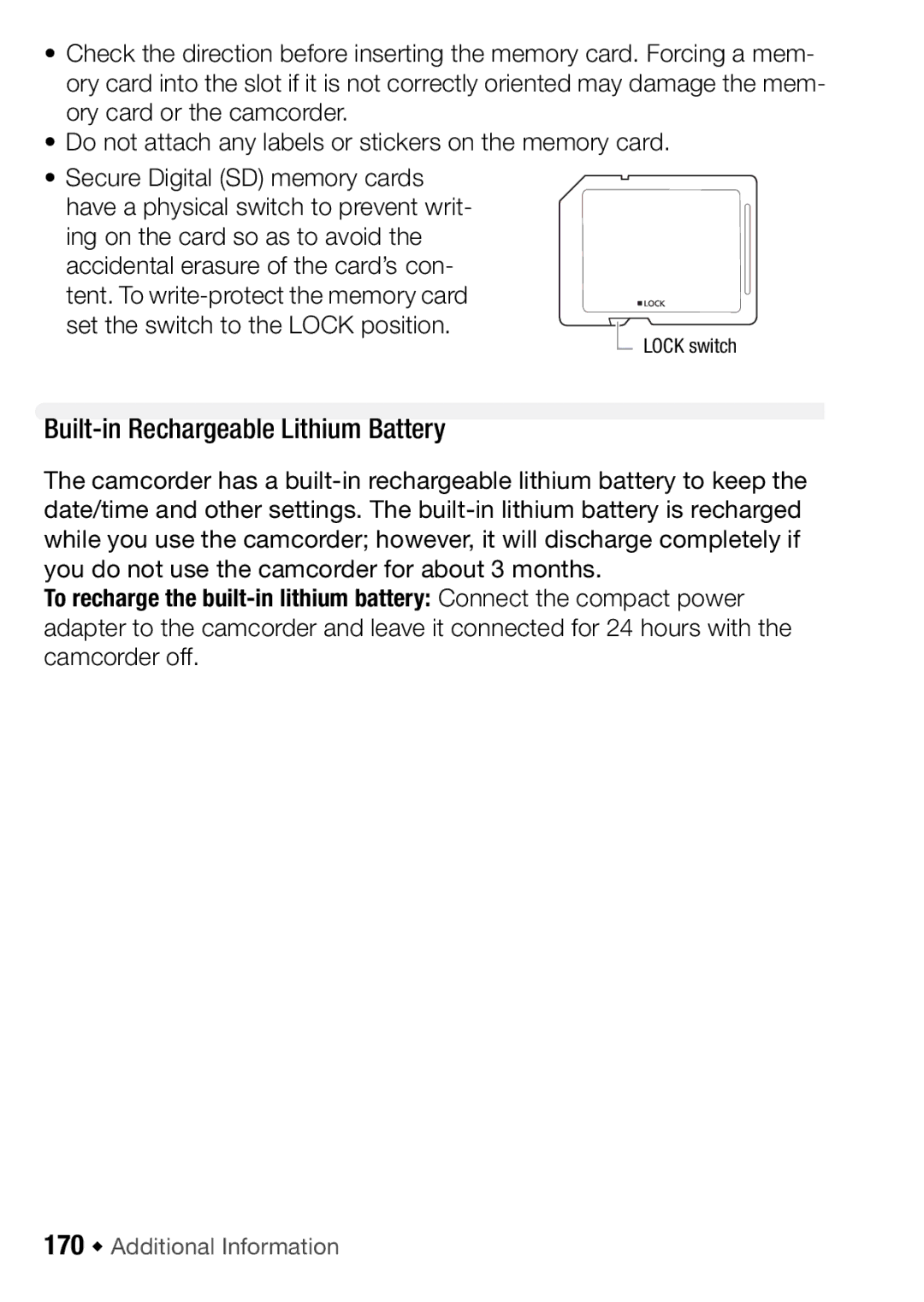 Canon HFM406, HFM46 instruction manual Built-in Rechargeable Lithium Battery, 170 Š Additional Information, Lock switch 