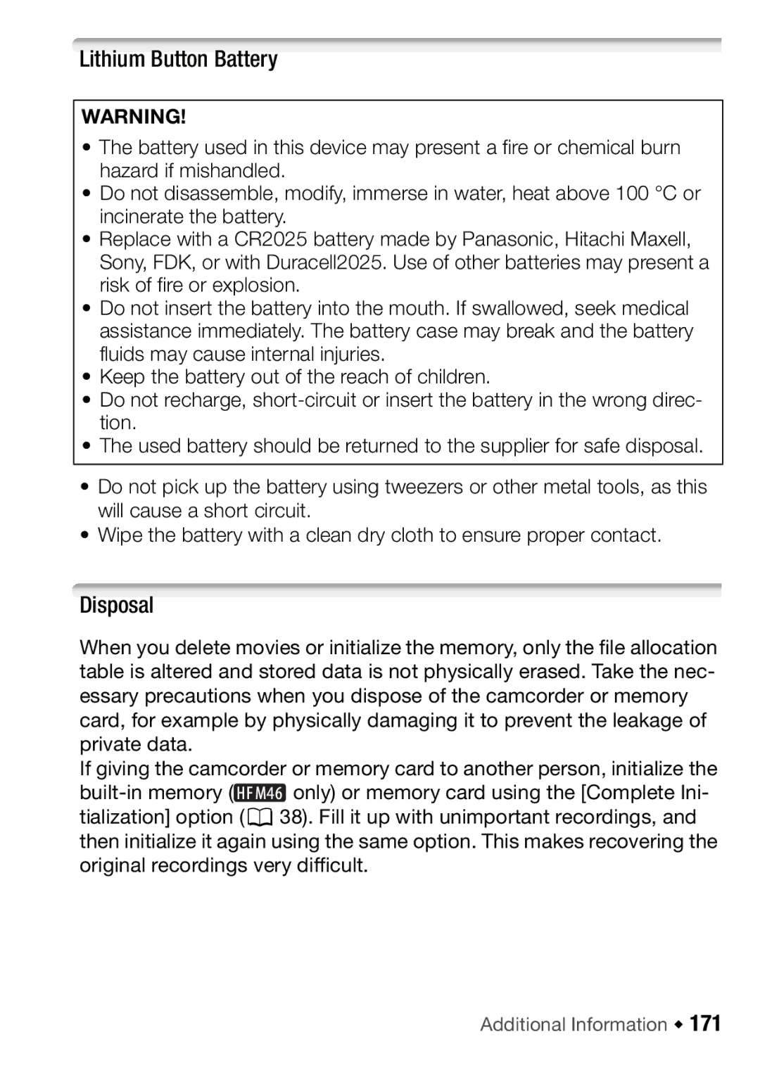 Canon HFM46, HFM406 instruction manual Lithium Button Battery, Disposal 