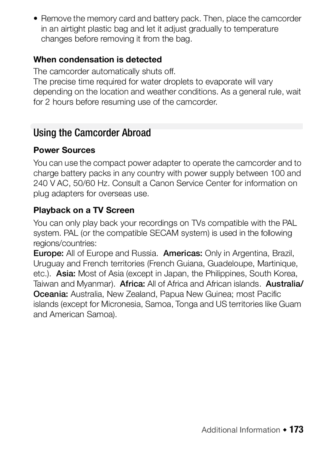 Canon HFM46, HFM406 Using the Camcorder Abroad, When condensation is detected, Power Sources, Playback on a TV Screen 