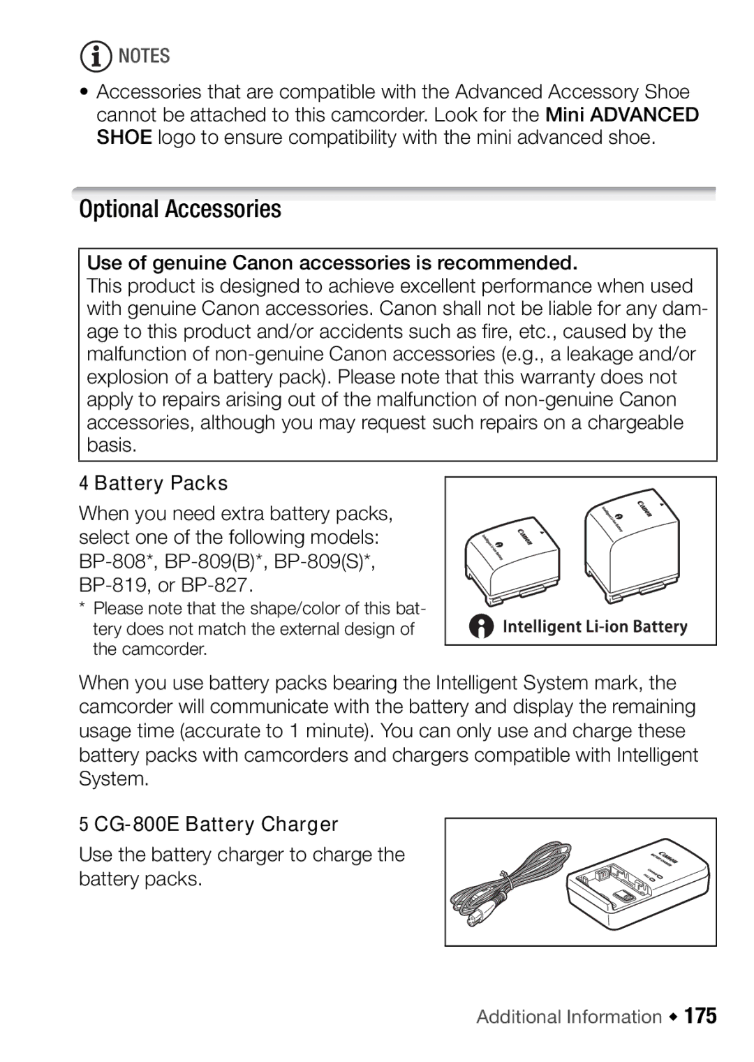 Canon HFM46, HFM406 instruction manual Optional Accessories, Battery Packs, CG-800E Battery Charger 