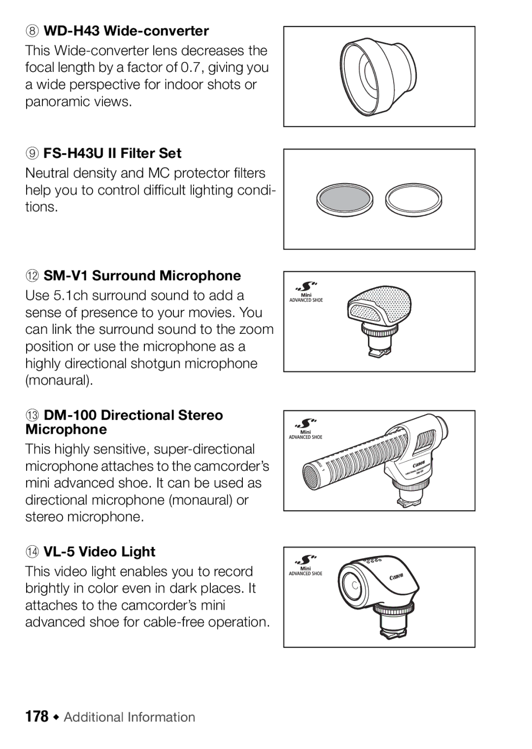 Canon HFM406, HFM46 WD-H43 Wide-converter, FS-H43U II Filter Set, SA SM-V1 Surround Microphone, FA VL-5 Video Light 