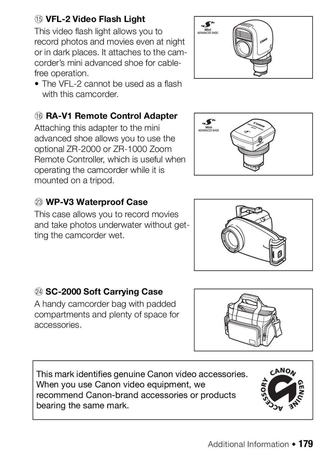 Canon HFM46, HFM406 instruction manual GA VFL-2 Video Flash Light, HA RA-V1 Remote Control Adapter, DS WP-V3 Waterproof Case 