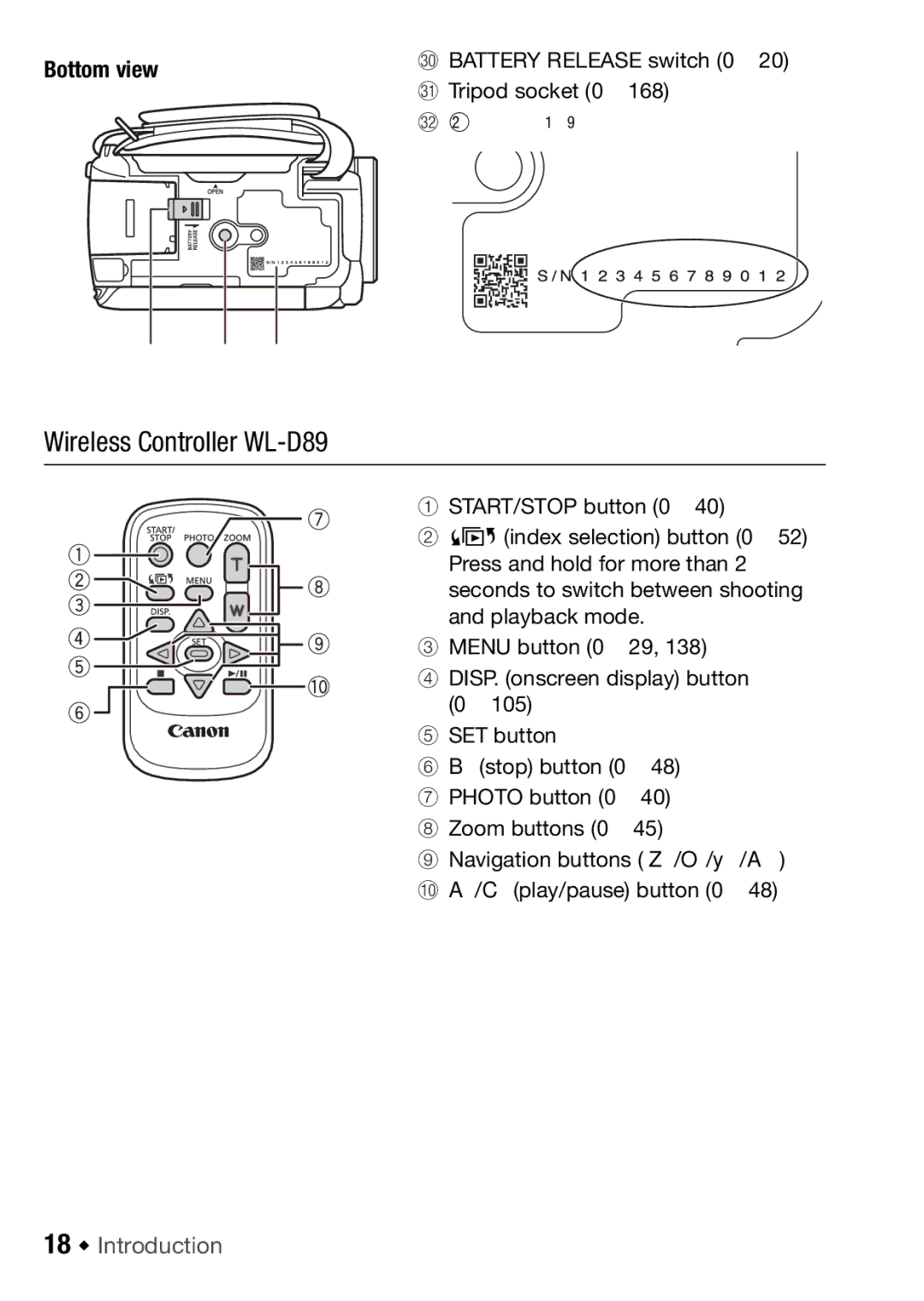 Canon HFM406, HFM46 Wireless Controller WL-D89, 18 Š Introduction, Dq Battery Release switch, Da Tripod socket 