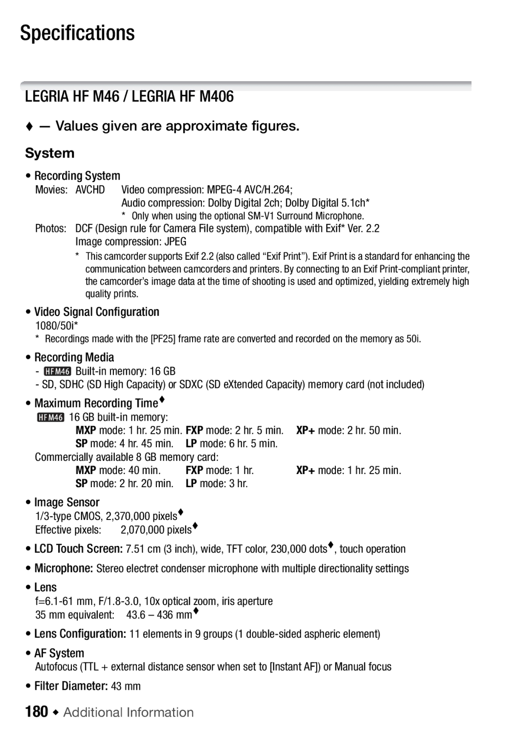 Canon HFM406, HFM46 instruction manual Specifications, System, 180 Š Additional Information 