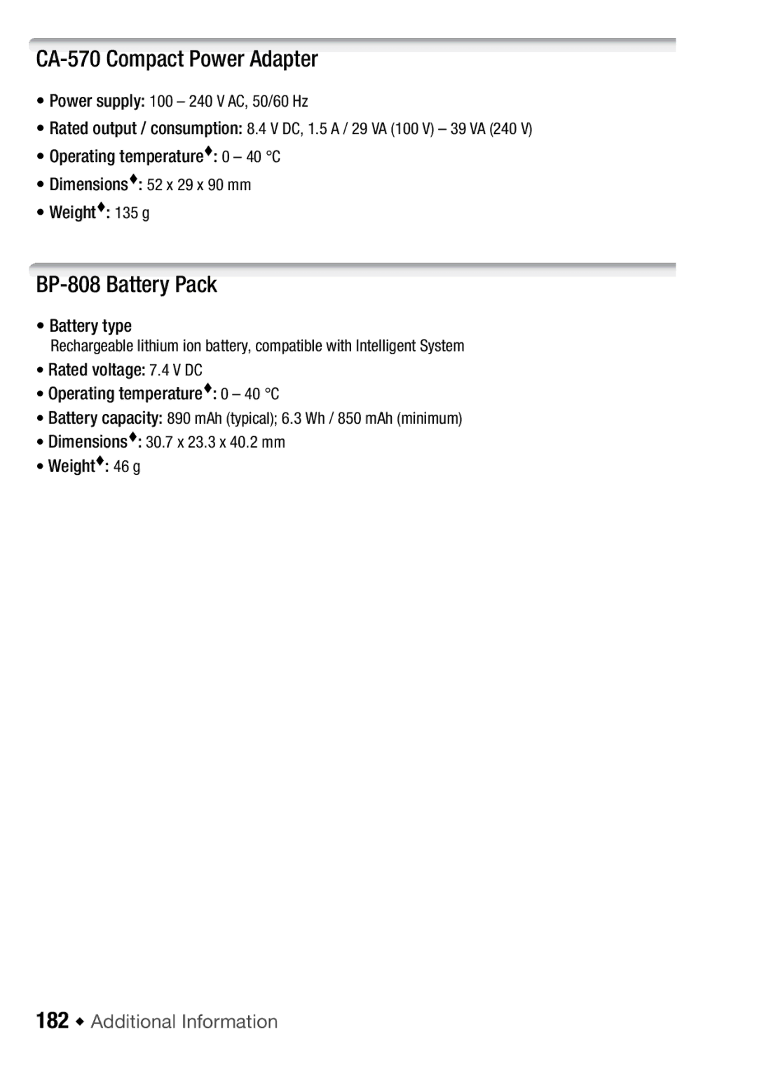 Canon HFM406, HFM46 instruction manual CA-570 Compact Power Adapter, BP-808 Battery Pack, 182 Š Additional Information 