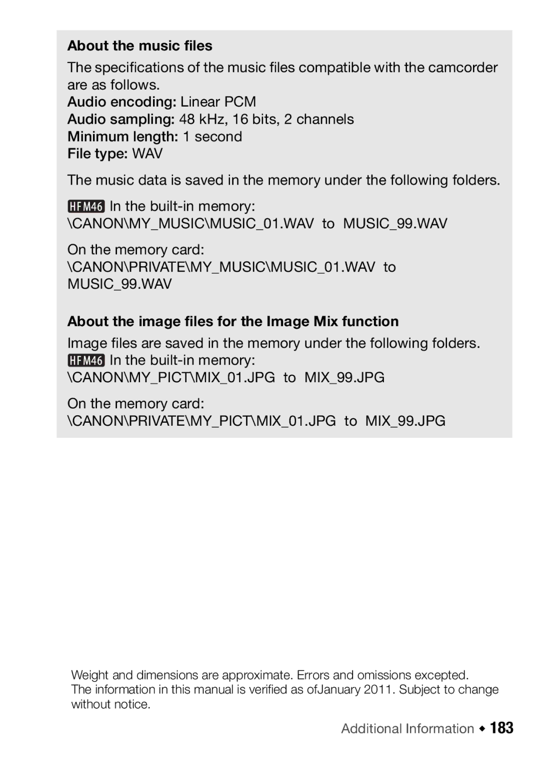 Canon HFM46, HFM406 instruction manual About the music files, About the image files for the Image Mix function 