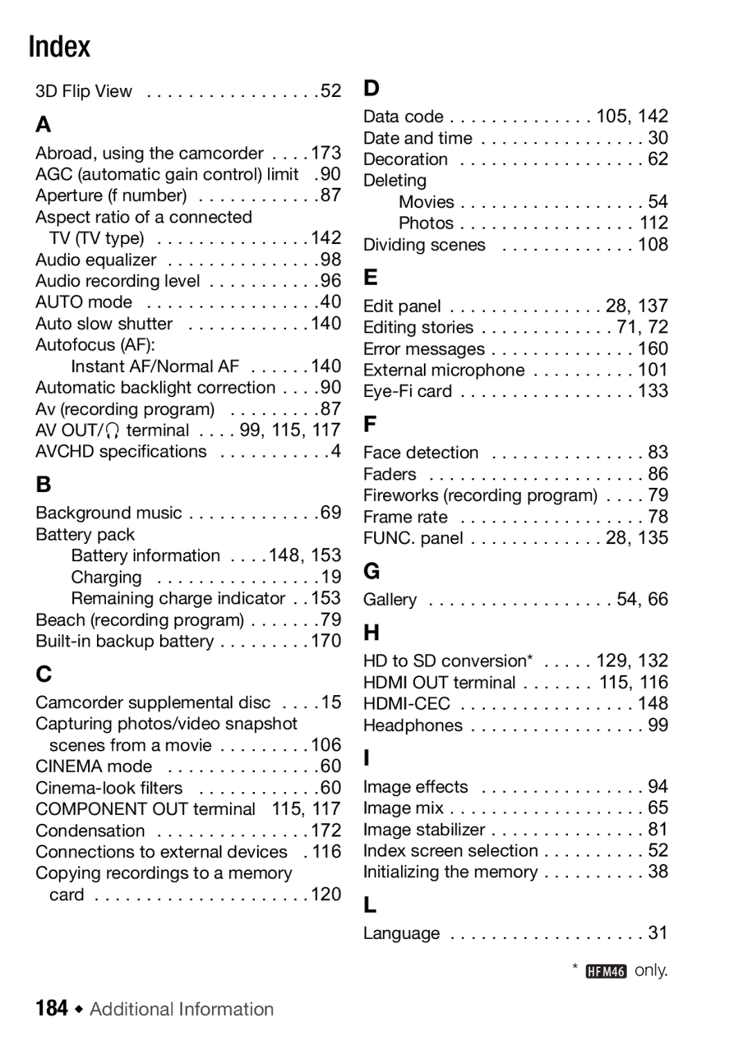 Canon HFM406, HFM46 instruction manual Index, 184 Š Additional Information 