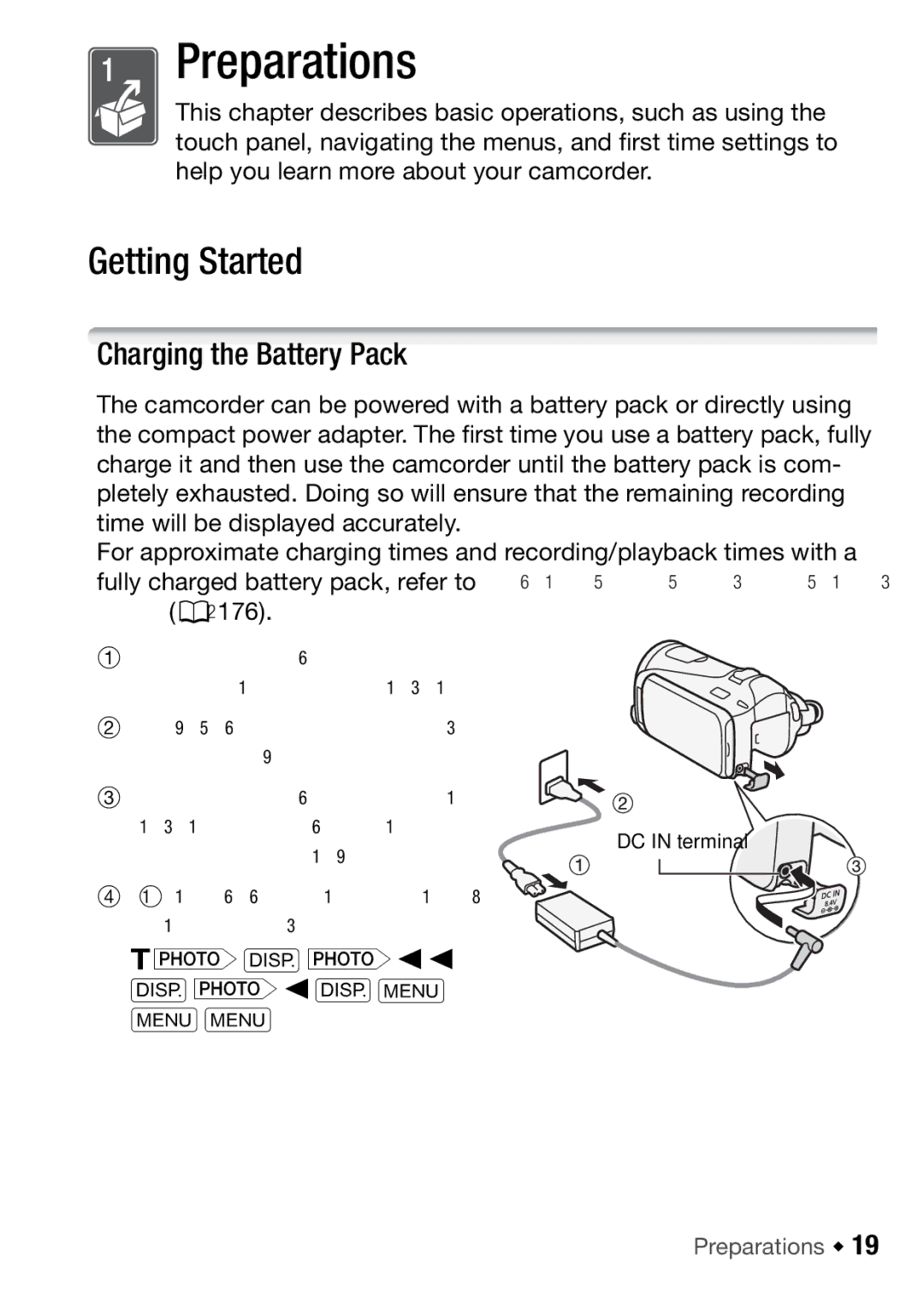 Canon HFM46, HFM406 instruction manual Getting Started, Charging the Battery Pack, Preparations Š, DC in terminal 