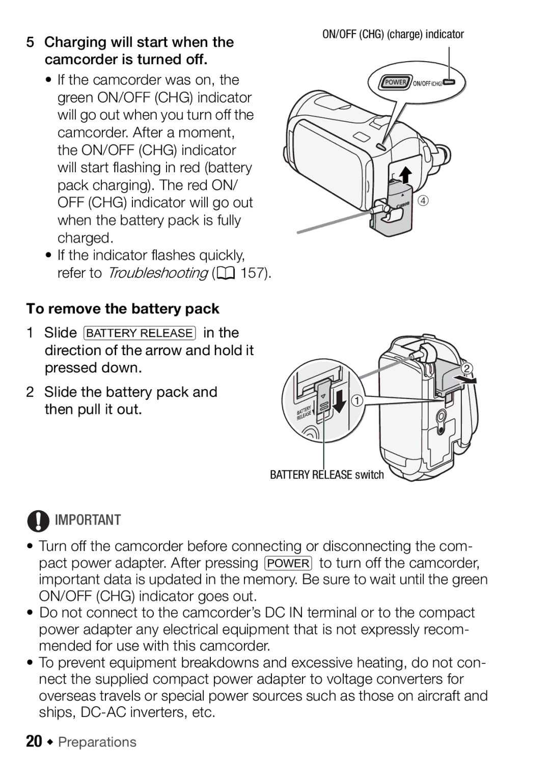 Canon HFM406, HFM46 To remove the battery pack, 20 Š Preparations, ON/OFF CHG charge indicator Battery Release switch 