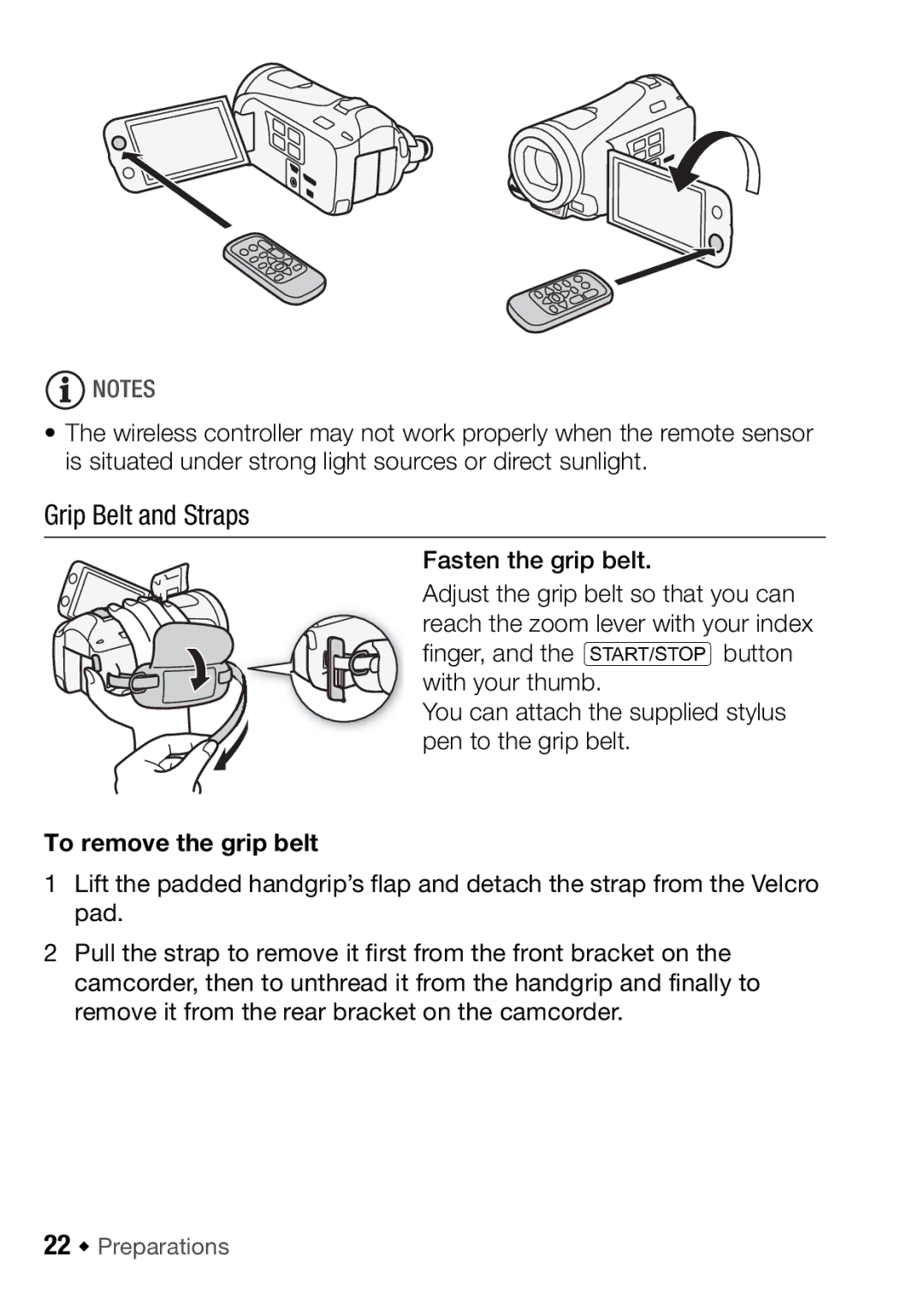 Canon HFM406, HFM46 instruction manual Grip Belt and Straps, To remove the grip belt, 22 Š Preparations 