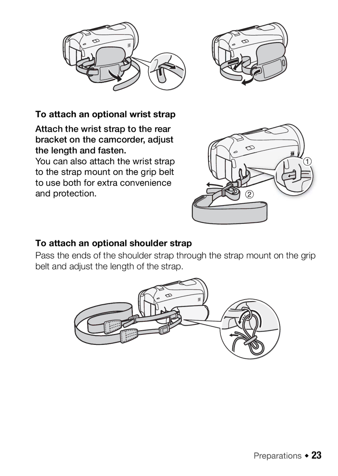 Canon HFM46, HFM406 instruction manual To attach an optional wrist strap, To attach an optional shoulder strap 