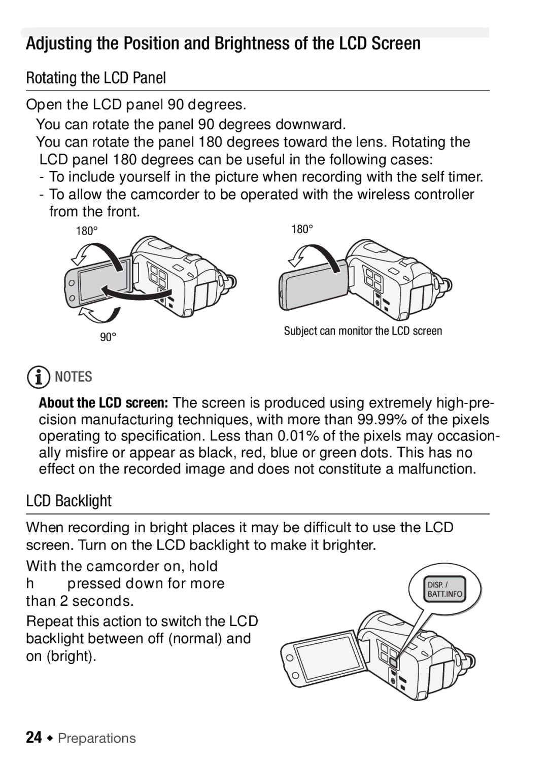 Canon HFM406, HFM46 Adjusting the Position and Brightness of the LCD Screen, Rotating the LCD Panel, LCD Backlight, 180 