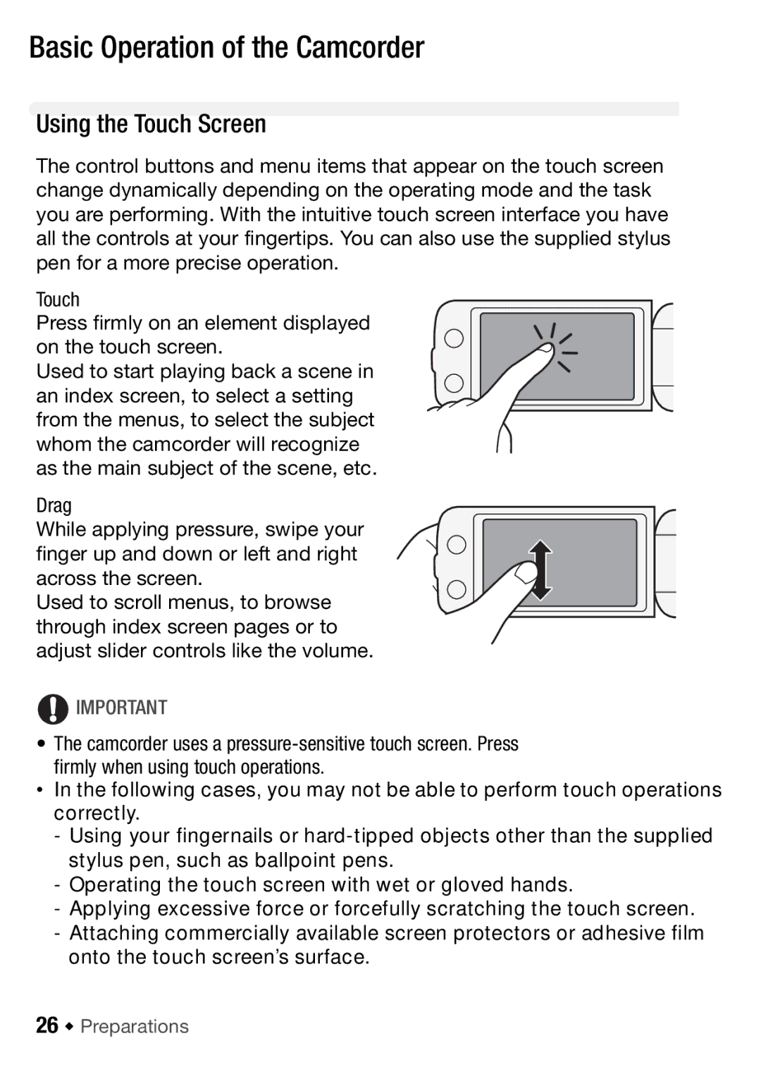 Canon HFM406, HFM46 instruction manual Basic Operation of the Camcorder, Using the Touch Screen, 26 Š Preparations 