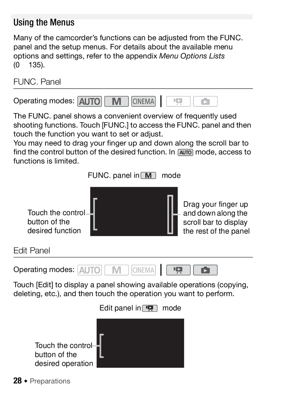 Canon HFM406, HFM46 instruction manual Using the Menus, FUNC. Panel, Edit Panel, 28 Š Preparations 