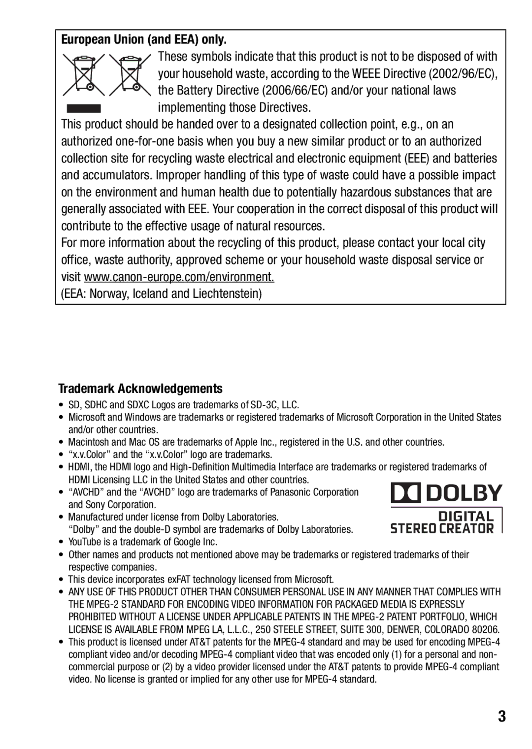 Canon HFM46, HFM406 instruction manual European Union and EEA only, EEA Norway, Iceland and Liechtenstein 