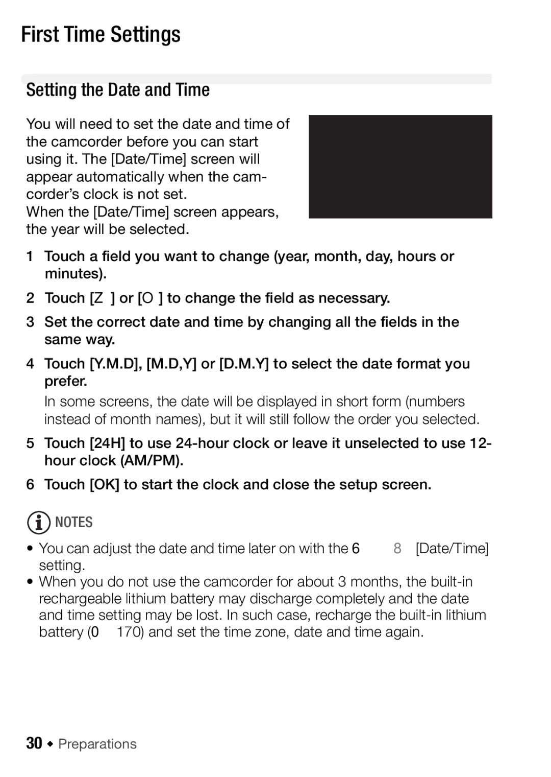 Canon HFM406, HFM46 instruction manual First Time Settings, Setting the Date and Time, 30 Š Preparations 